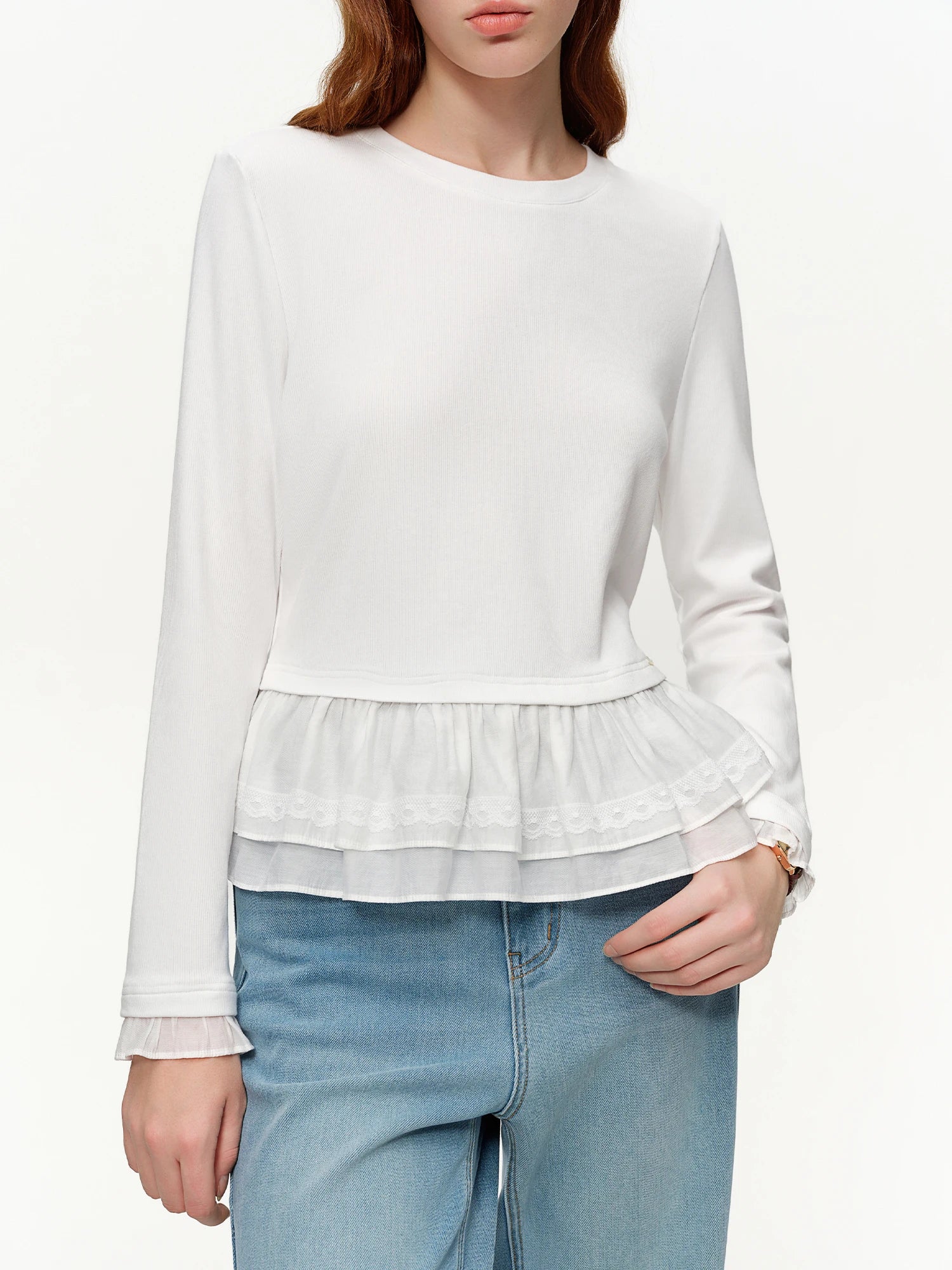 DUSHU Spring Women's Round Neck Ruffle Trim Knitted T-Shirt - Flattering Ribbed Texture Base Layer for Casual and Layering Wear