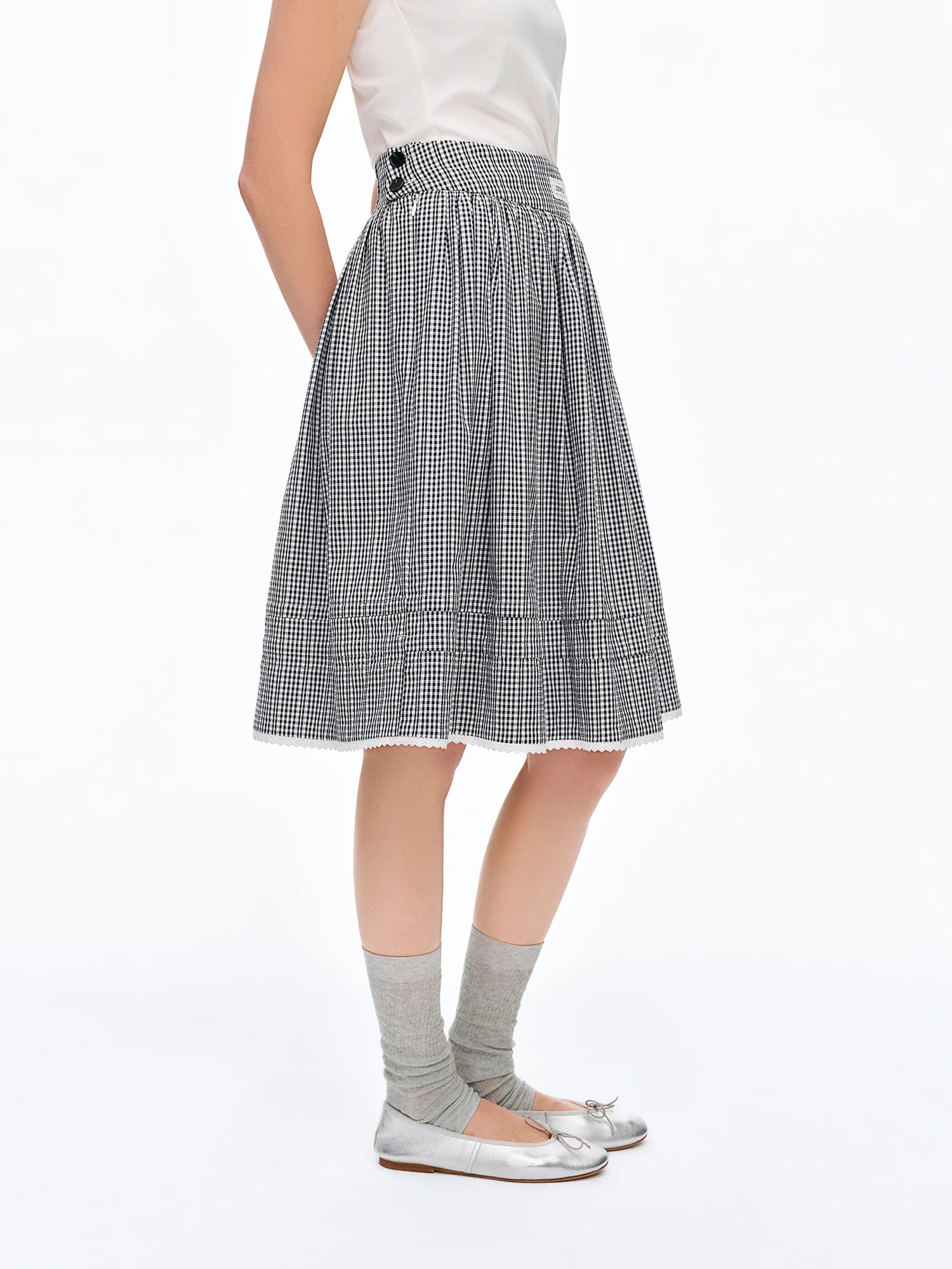 DUSHU 2026 New Summer Women's Black White Plaid Midi Skirt, Slimming A-Line Layered Skirt for Y2K Retro & Preppy Style Chic