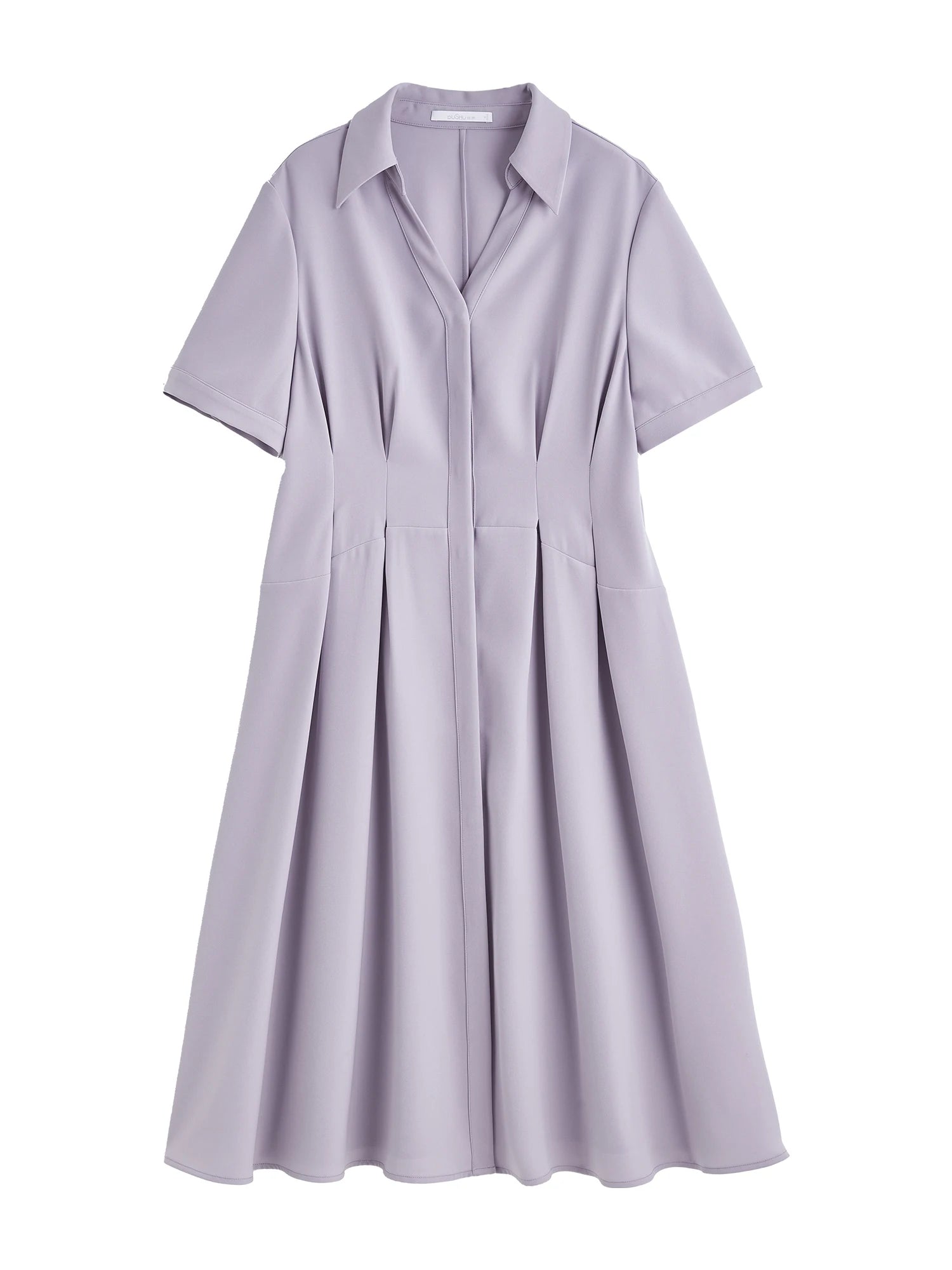 DUSHU【3 Colors】Women Turn-down Collar Shirt Dresses Pleated Design High Waist Commuter Long Dress Without Sashes 25DS82467