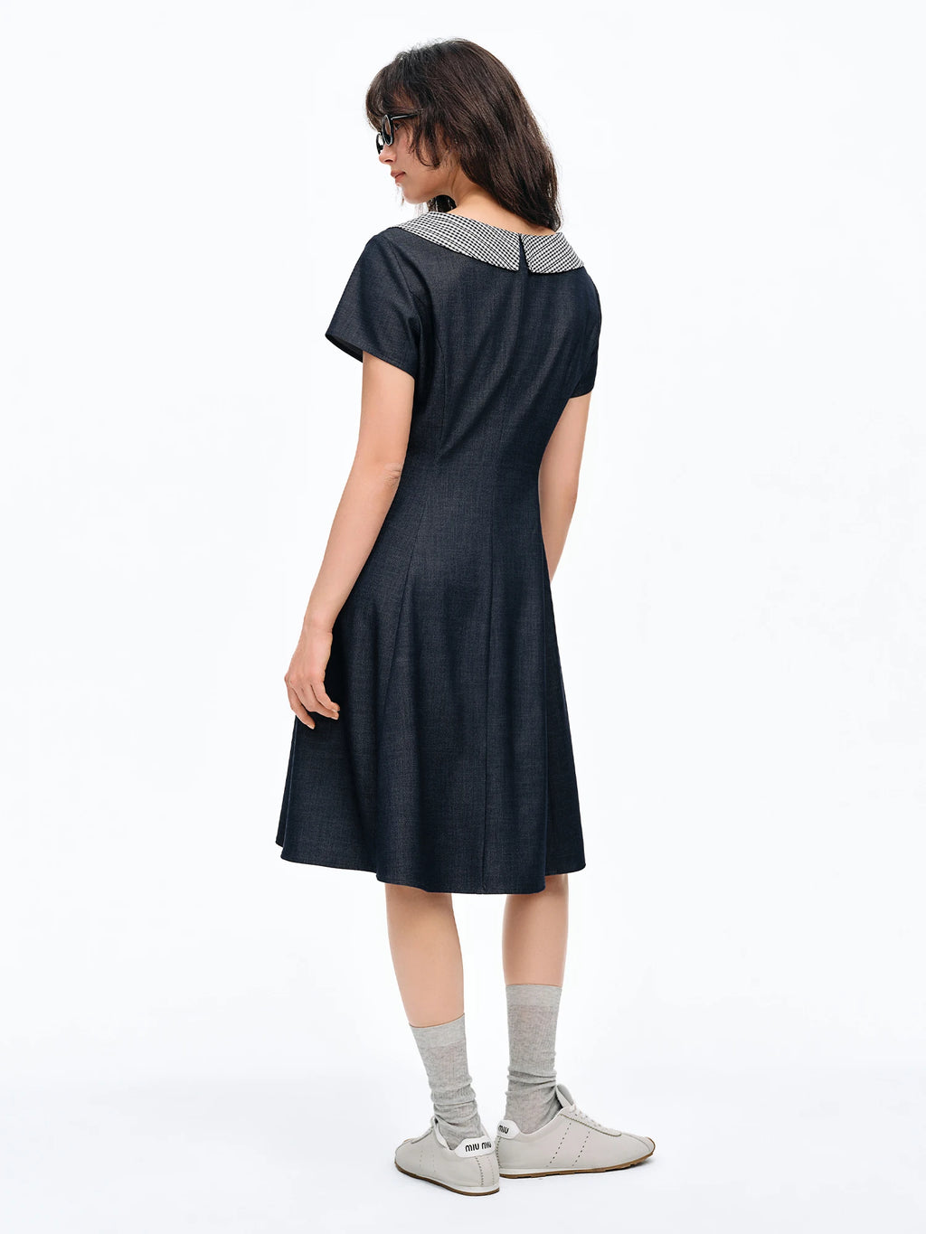 DUSHU 2026 Summer Women's Plaid Peter Pan Collar Dress with Bow Accent - Playful Elegant Midi for Daily Outings Special Events