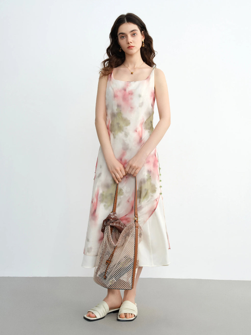 DUSHU Plus Size Flocked Print Strap Dress with Blush Effect Elegant Slimming and Romantic for Summer Dates 25DS82581