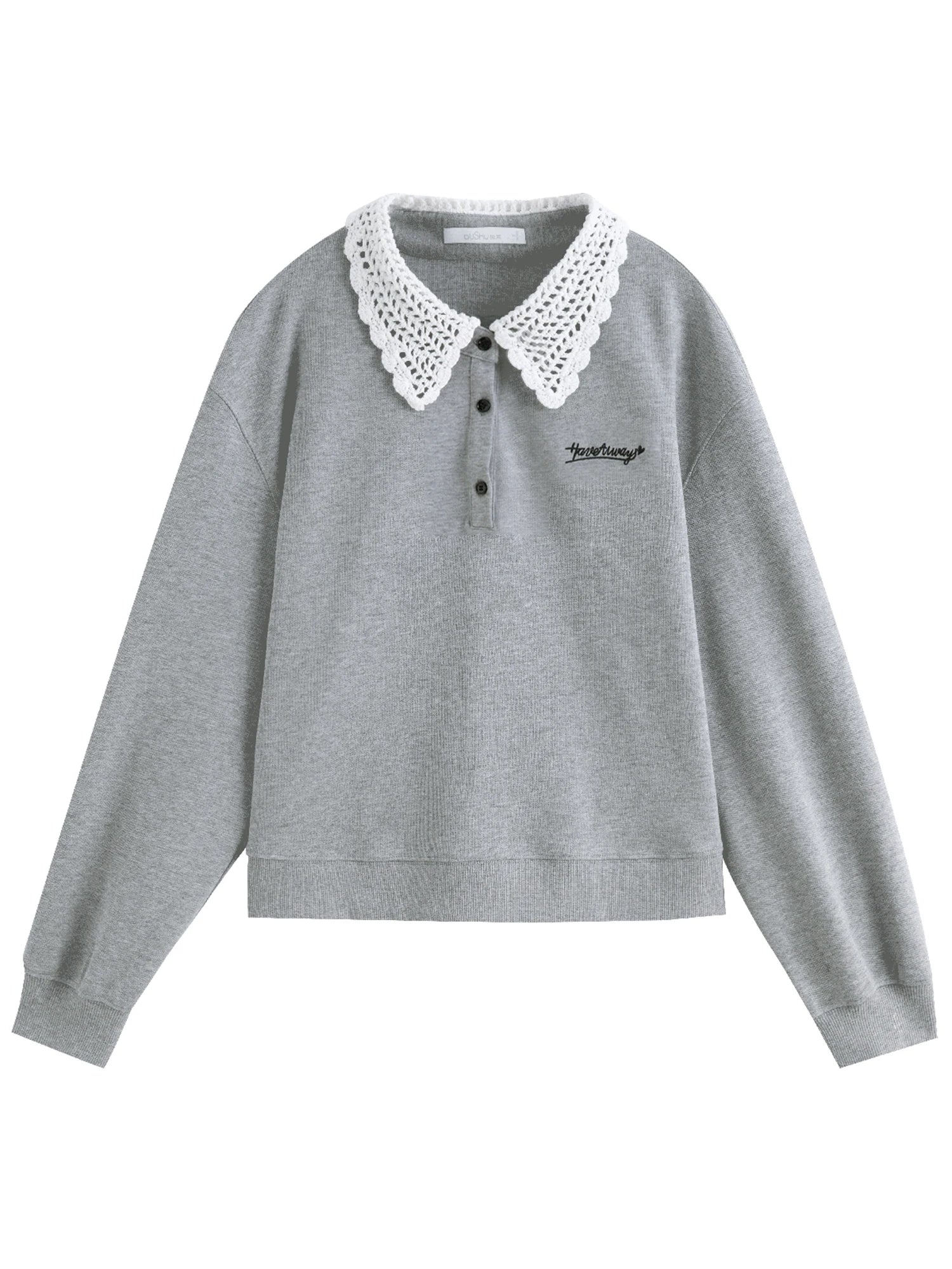 DUSHU Women Spring Sweatshirt Skirt Sets Crochet Doll Collar Female Grey Casual Sweatshirts Suit Mini Skirt 25DS81244+25DS81245