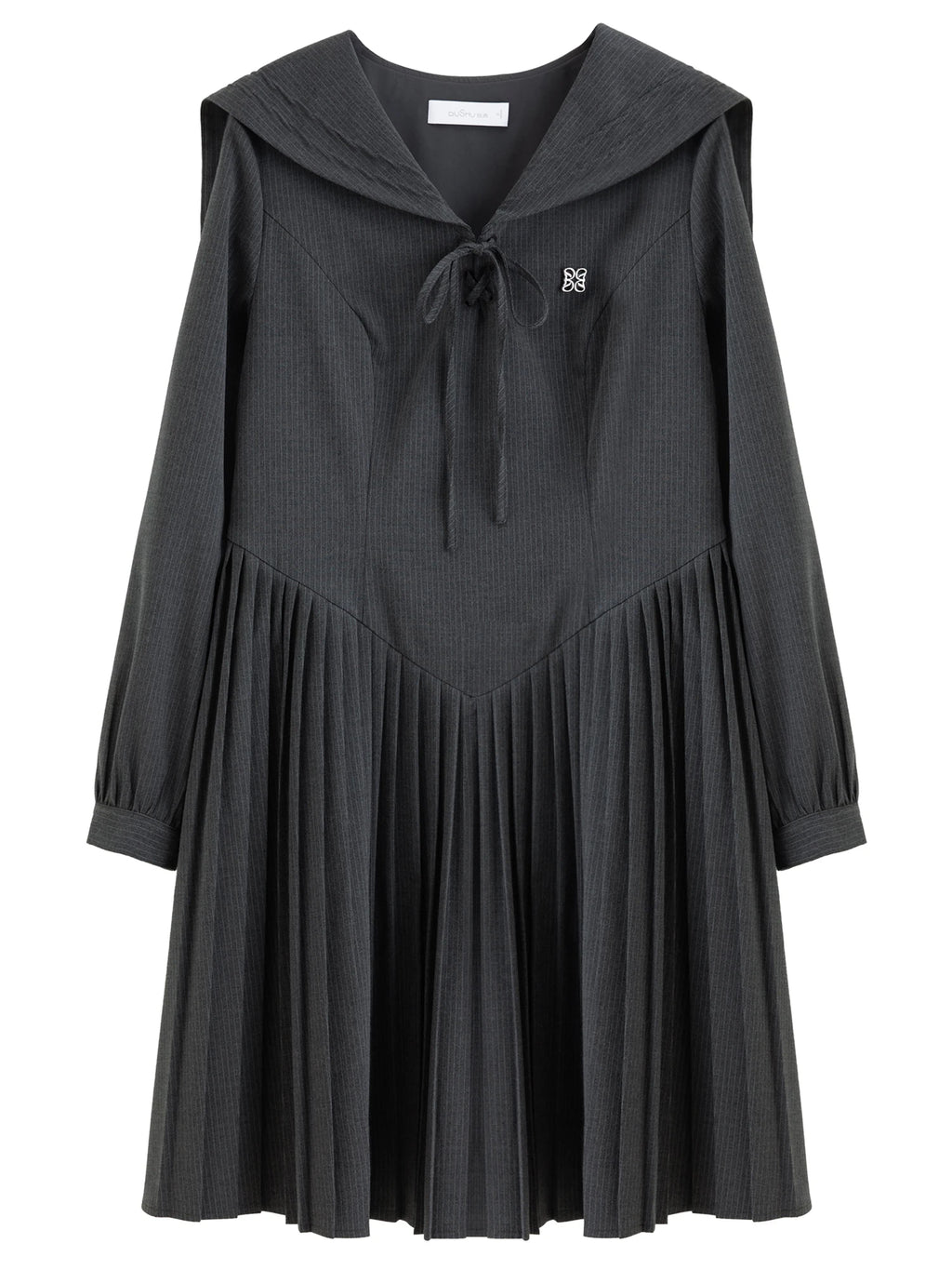 DUSHU 2026 Spring Women's Nautical Academic Style A-Line Midi Dress with Pleated Skirt - Preppy Bow Tie Detail for Campus Casual