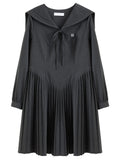 DUSHU 2026 Spring Women's Nautical Academic Style A-Line Midi Dress with Pleated Skirt - Preppy Bow Tie Detail for Campus Casual