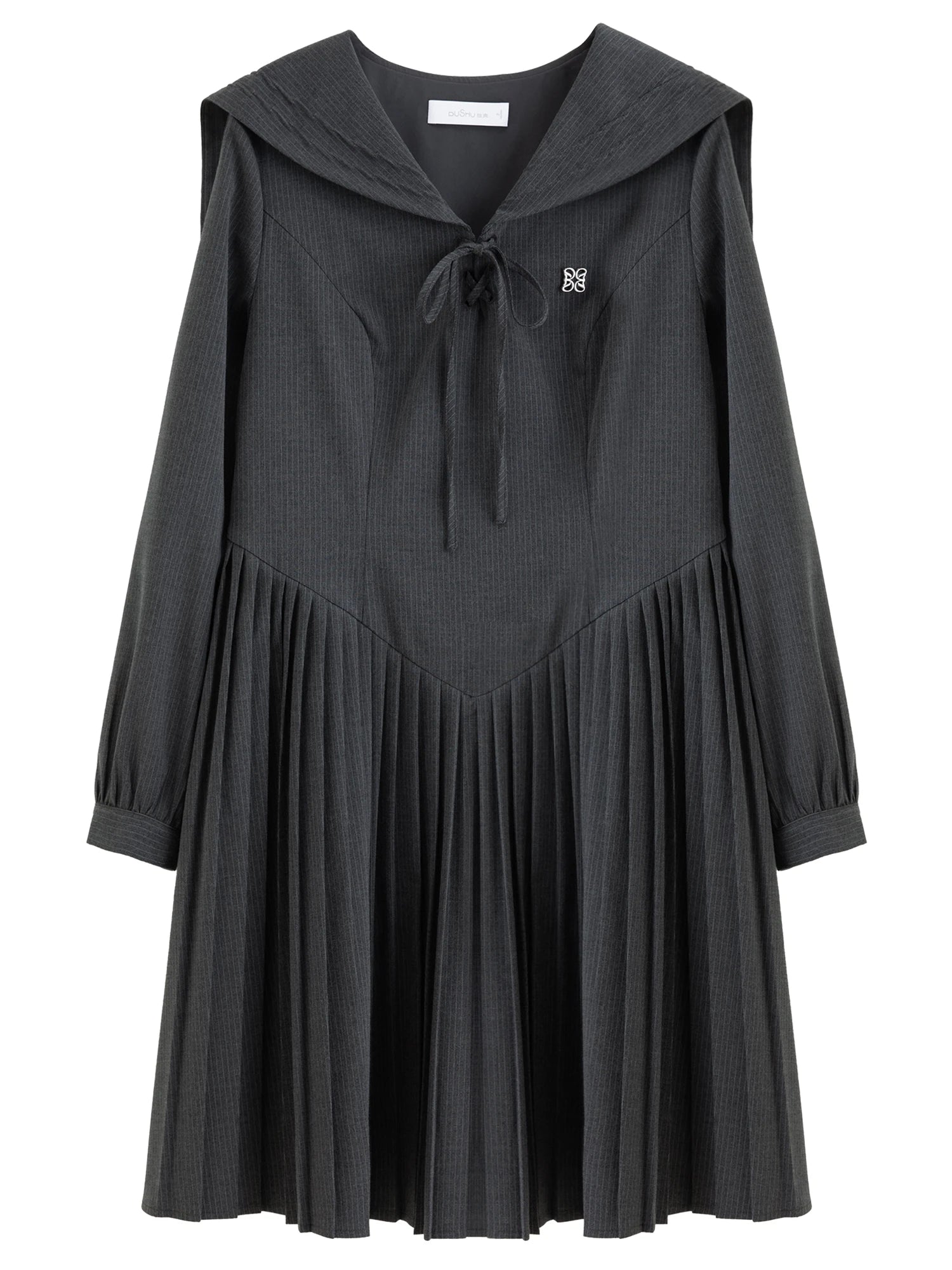 DUSHU 2026 Spring Women's Nautical Academic Style A-Line Midi Dress with Pleated Skirt - Preppy Bow Tie Detail for Campus Casual