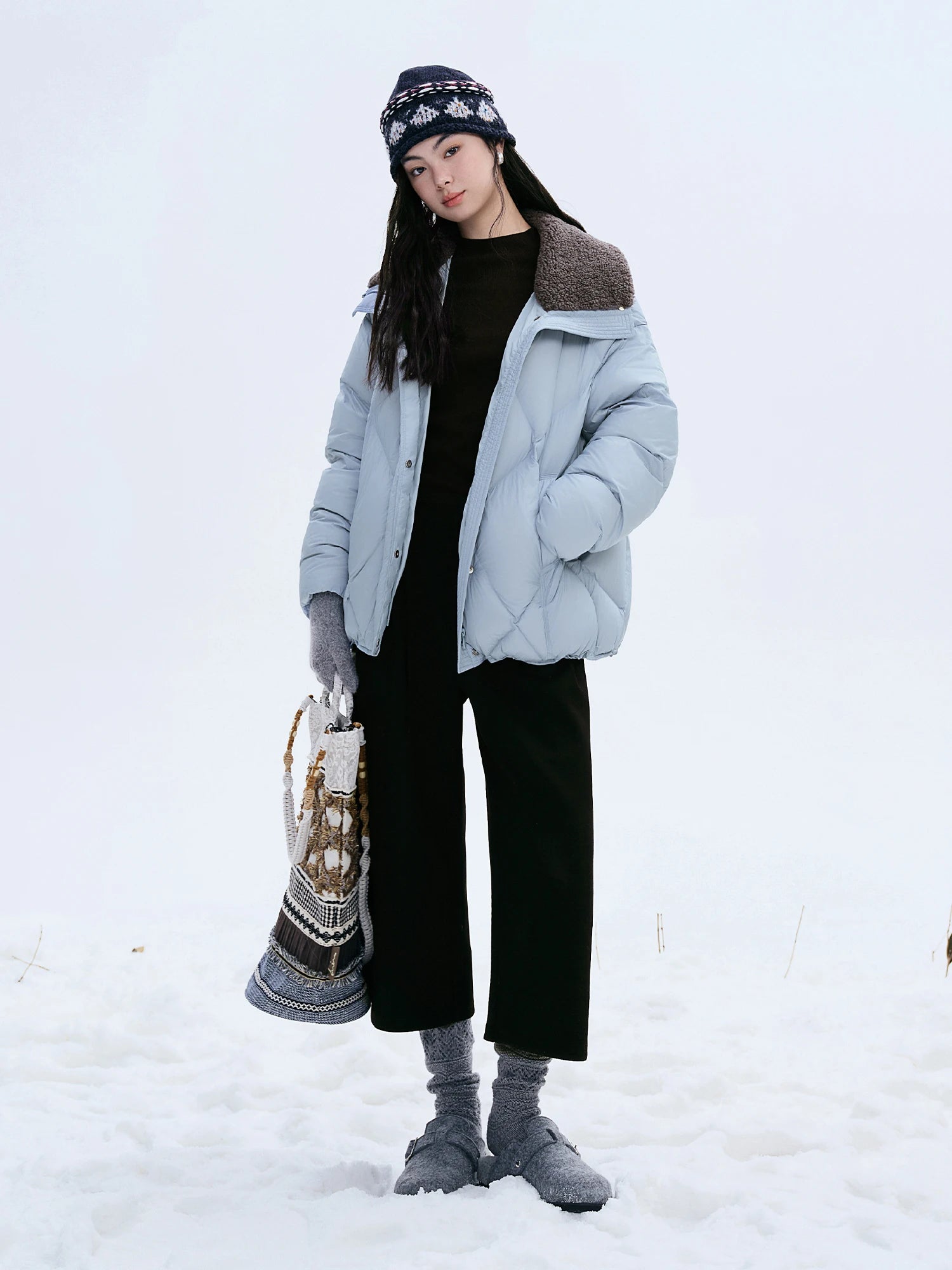DUSHU Furry Lapel Quilted White Duck Down Coats Women Casual Daily Retro Simple Loose Short Warm Coat Contrast Color Girlish BF