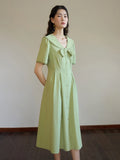DUSHU 【2 Colors】Sweet Peter Pan Collar Design Women Single Breasted Dress Green Short Sleeve Mid-Calf A-LINE Skirt 24DS82275