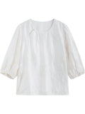 DUSHU Women Summer Sets Female White Three-quarter Sleeves Embroidered Tops Elastic Waist Long Skirt  25DS81320+25DS81321