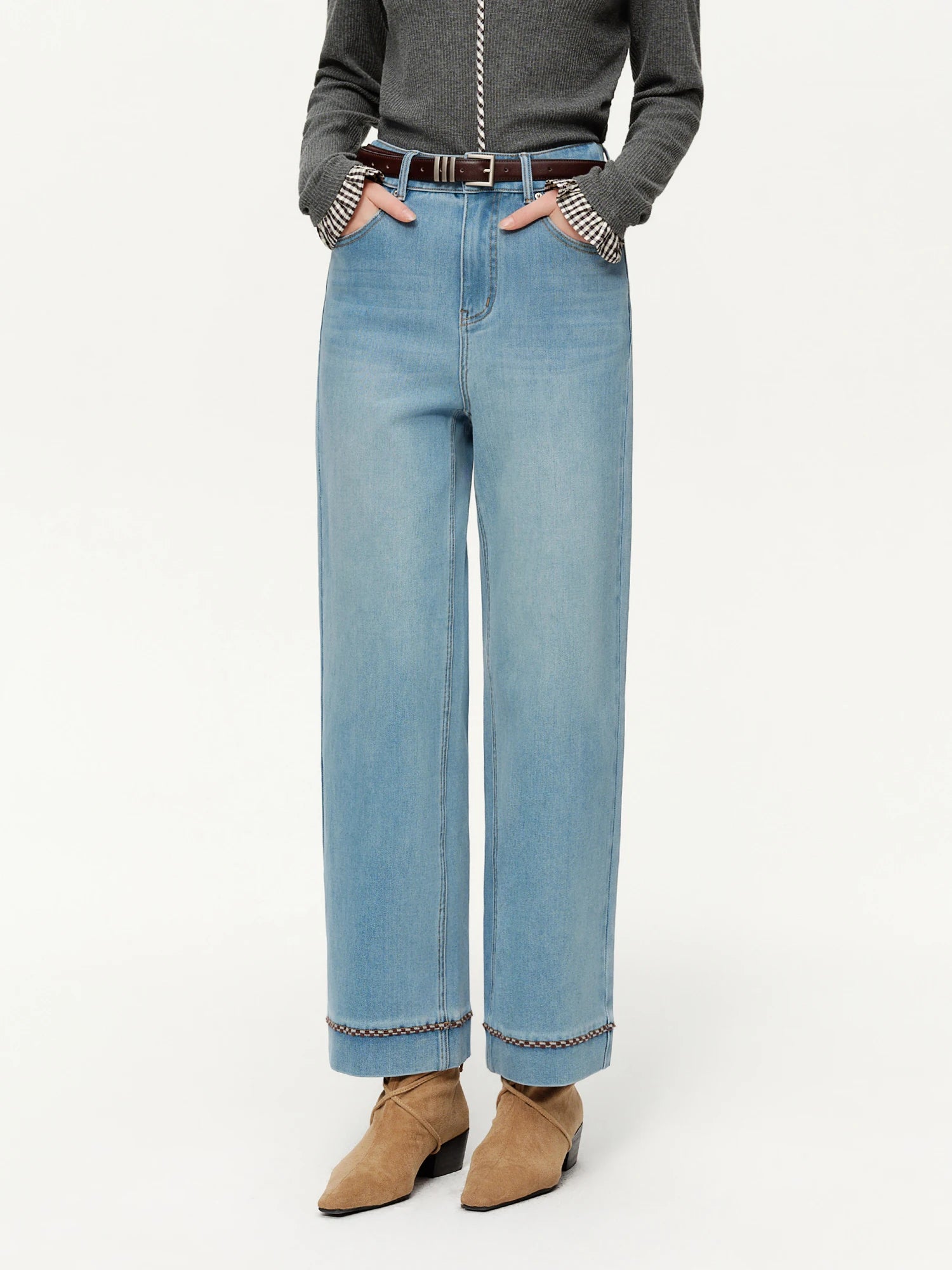 DUSHU Double-length Jeans Women High-waisted Slim-fit Classic Baguette Pants High Waist Elegant Office Lady Spring Trendy