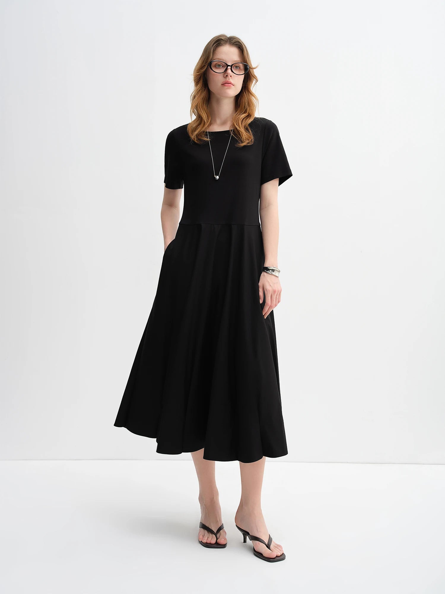 DUSHU Minimalist Style Needle Stitching Dress For Women 2025 Autumn New Arrival Style Sleeveless Short Sleeve Long Black Dress