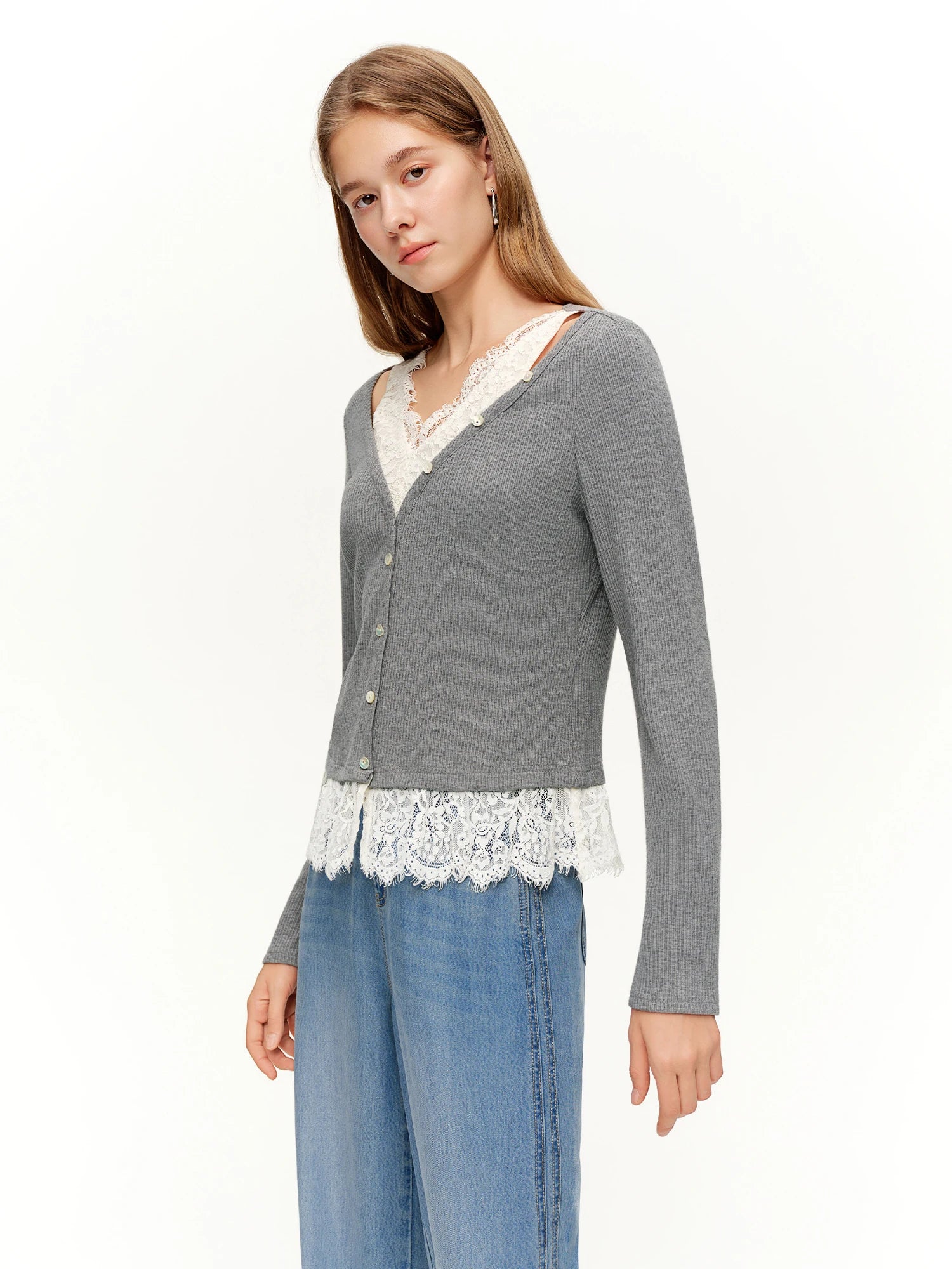 DUSHU Women's Stylish Two-Piece Style Soft Lace Detailing T-Shirt Spring 2026 New Arrival Long Sleeves Tops Light Grey T-Shirts