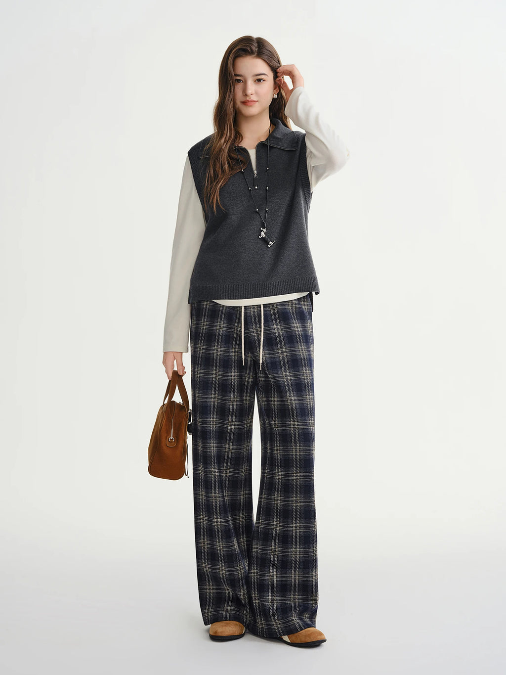 DUSHU 2025 Autumn Winter Women's Plaid Casual Trousers - Loose Fit with Drawstring Waist Retro Style for Everyday Comfort