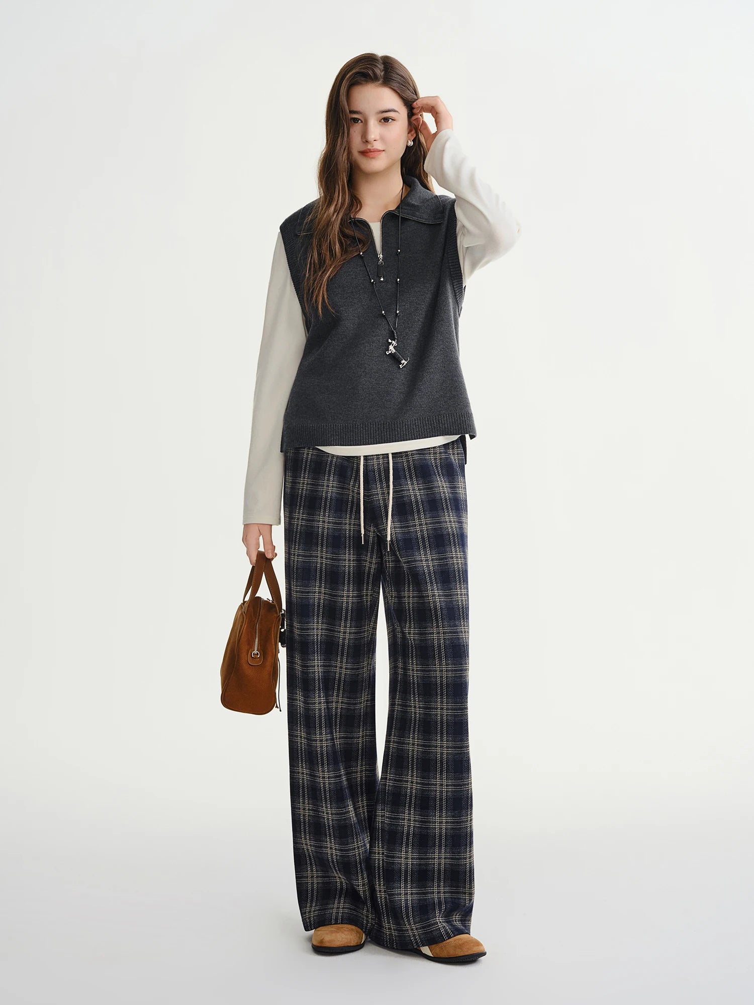 DUSHU 2025 Autumn Winter Women's Plaid Casual Trousers - Loose Fit with Drawstring Waist Retro Style for Everyday Comfort