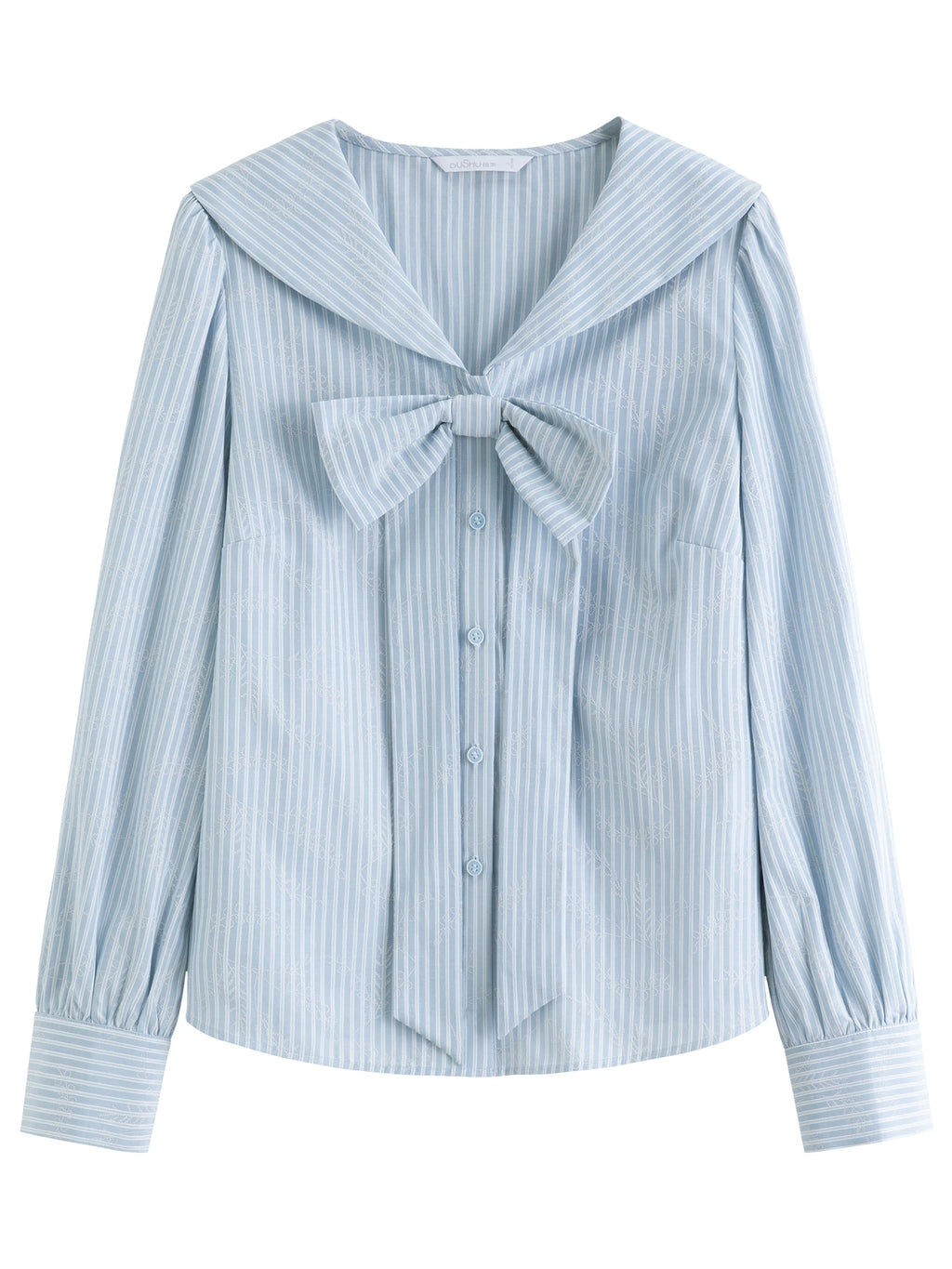 DUSHU Plus Size Women's Navy Collar Bow-Decorated Striped Shirt Dress 2025 Autumn Collection Gentle Youthful Style 25DS83218