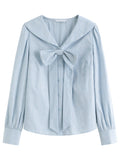 DUSHU Plus Size Women's Navy Collar Bow-Decorated Striped Shirt Dress 2025 Autumn Collection Gentle Youthful Style 25DS83218