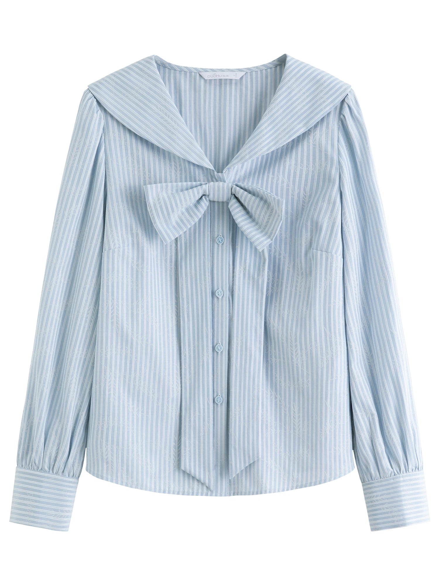 DUSHU Plus Size Women's Navy Collar Bow-Decorated Striped Shirt Dress 2025 Autumn Collection Gentle Youthful Style 25DS83218