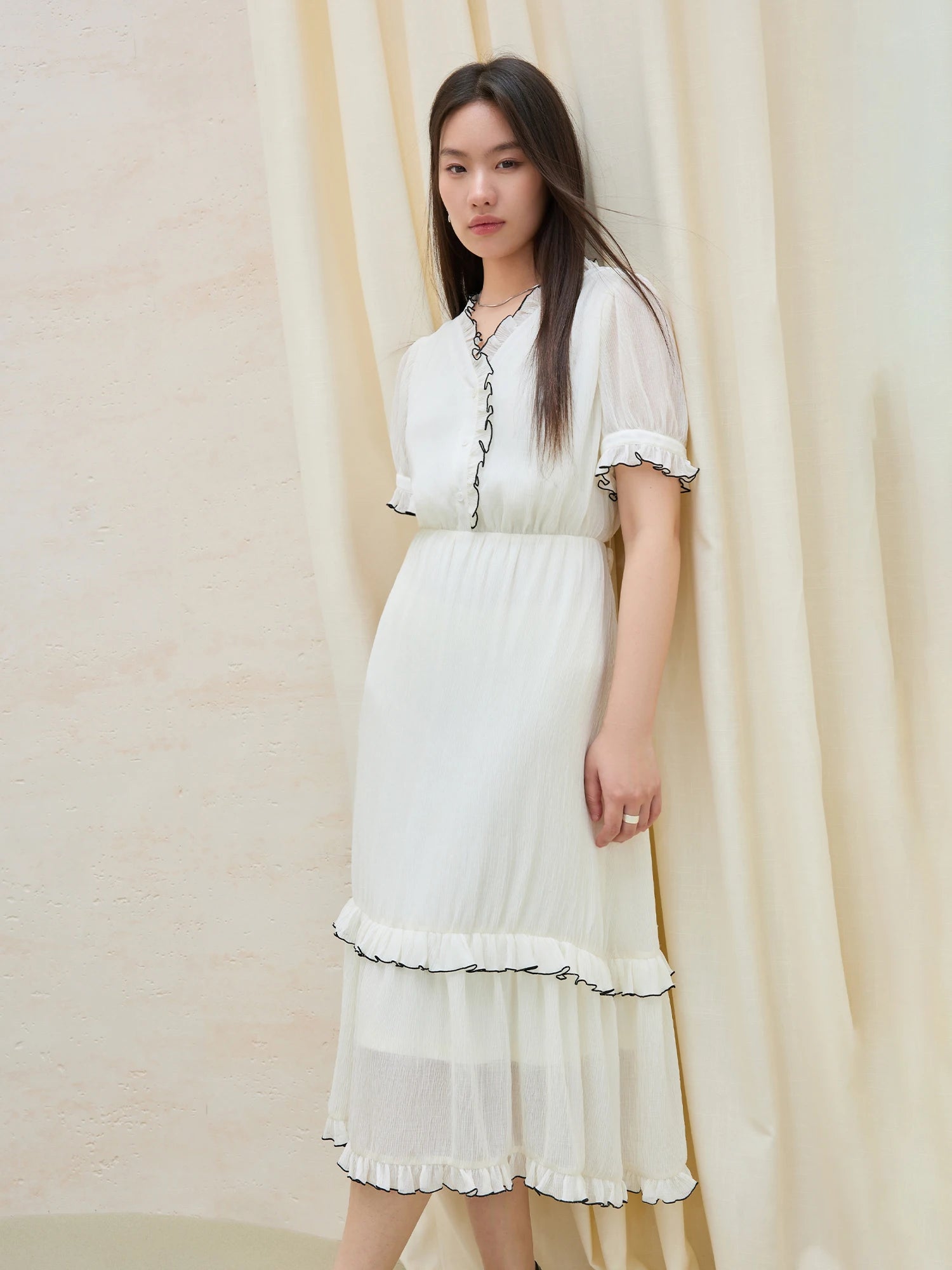 DUSHU Plus Size Women's French Temperament V-neck Contrast Color Dress 2025 Summer New Gentle Style Age-reducing Dress 25DS82327