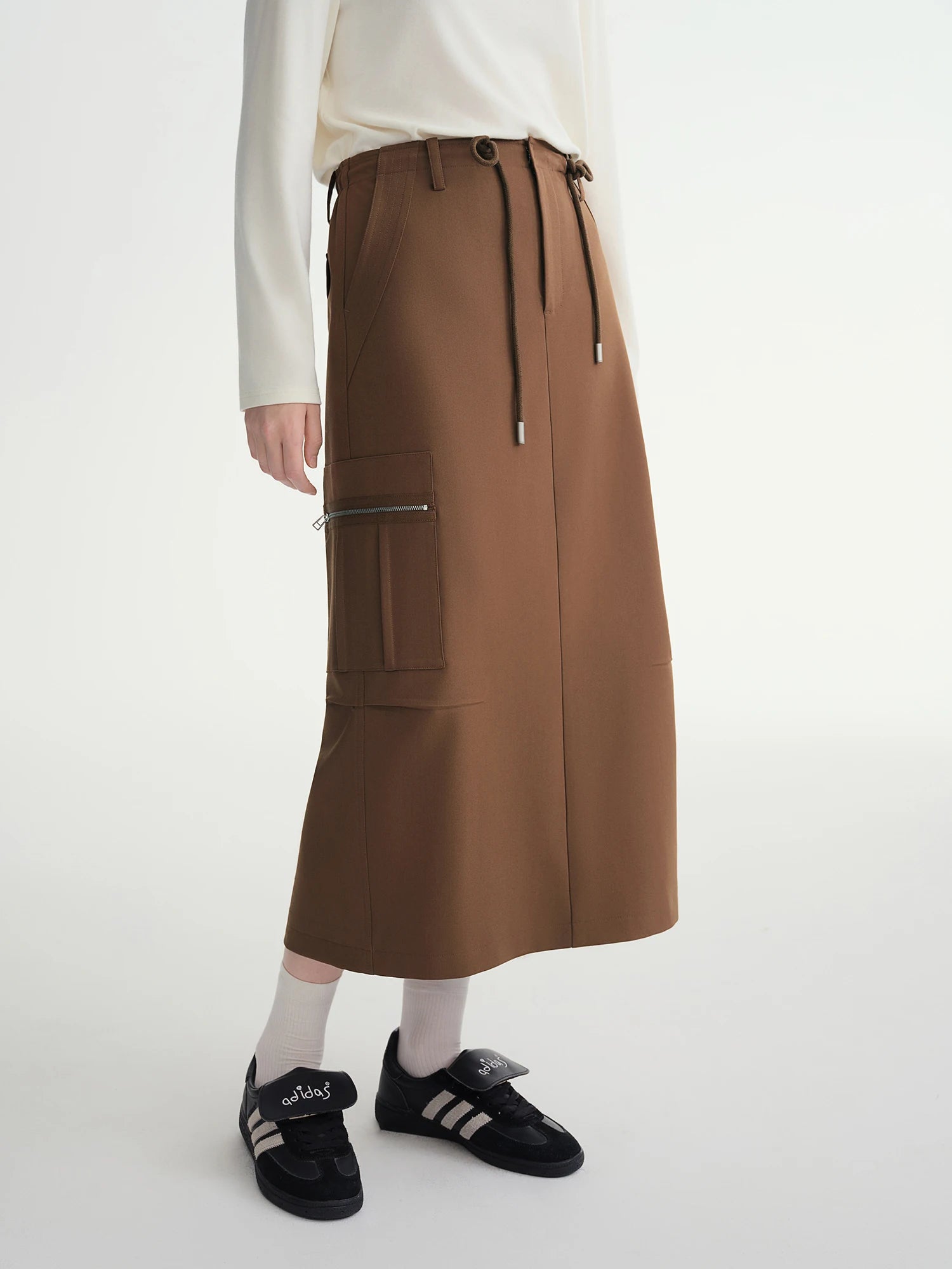 DUSHU Drawstring Design Workwear Style Skirt 2025 Autumn and Winter New Style Drawstring Design High Waist Mid-length Skirt