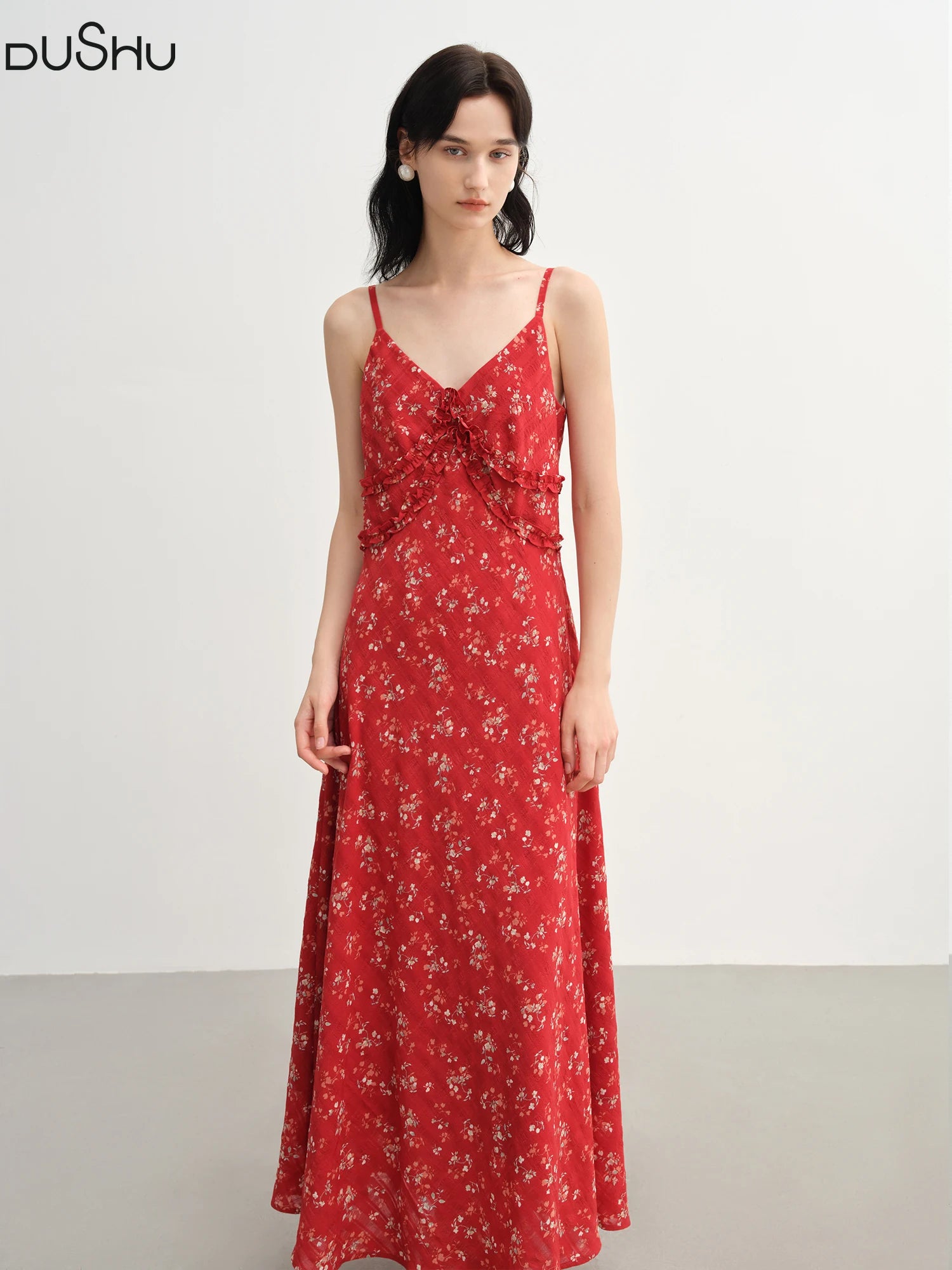 DUSHU 2025 Summer Women's Floral Checkered Maxi Dress - Curve-Flattering Ruffle Trim & A-Line Silhouette for Elegant Occasions