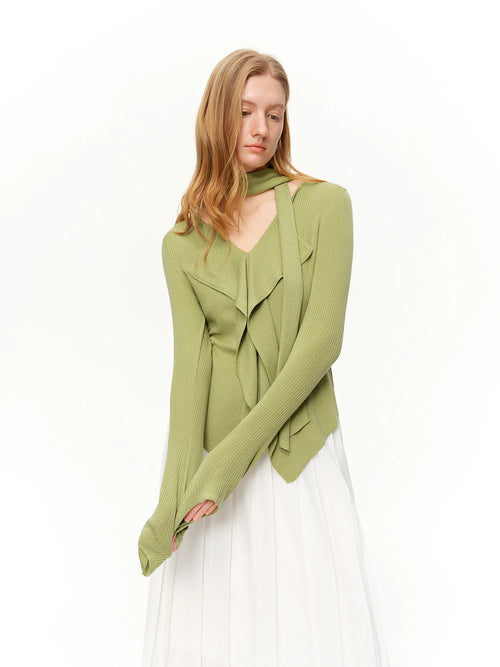 DUSHU 2026 New Spring Women's Ribbon Tie V-Neck Knit Sweater, Lazy Loose Fit Basic Pullover, Y2K Retro Daily Elegant Plus Top