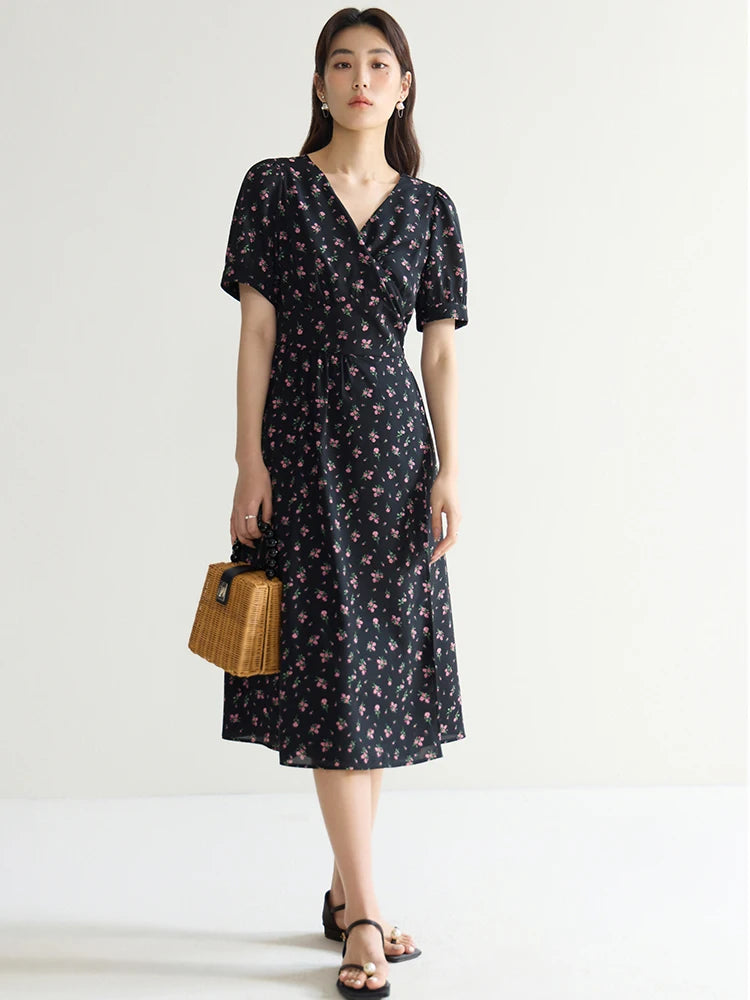 DUSHU French Dress Summer 2024 New Elegant Refreshing Floral Dress Black White Wave Point Women Boho Dresses 24DS82437