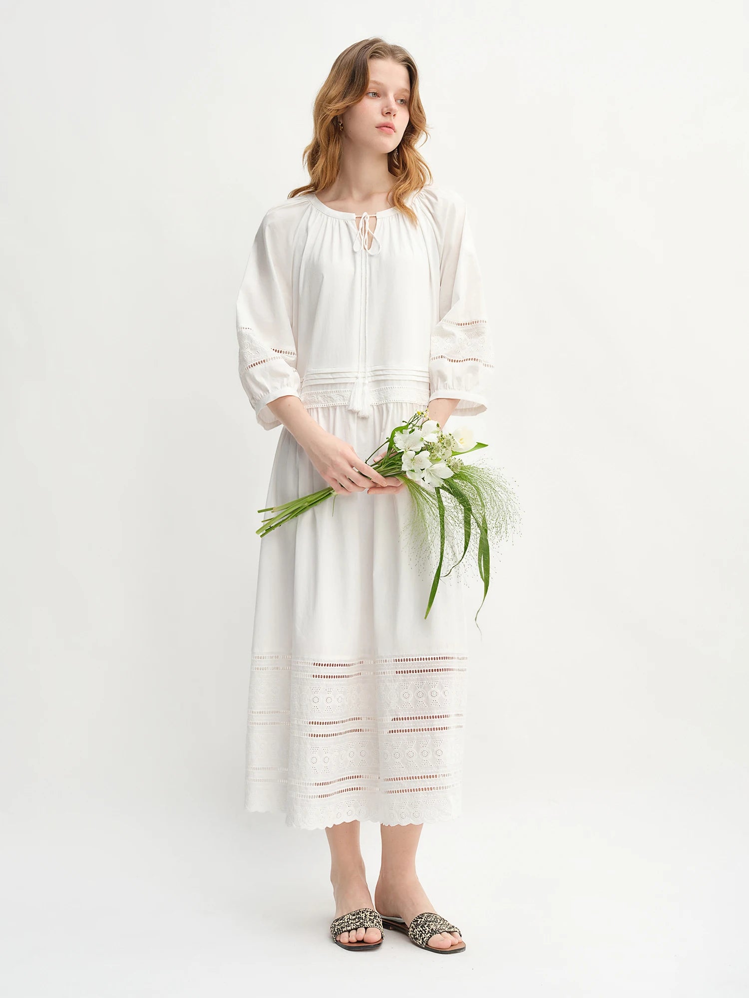 DUSHU Autumn 2025 French-Inspired Dress - Embroidered Lace Panel A-Line Flattering Silhouette Relaxed Fit Women Vintage Maxi