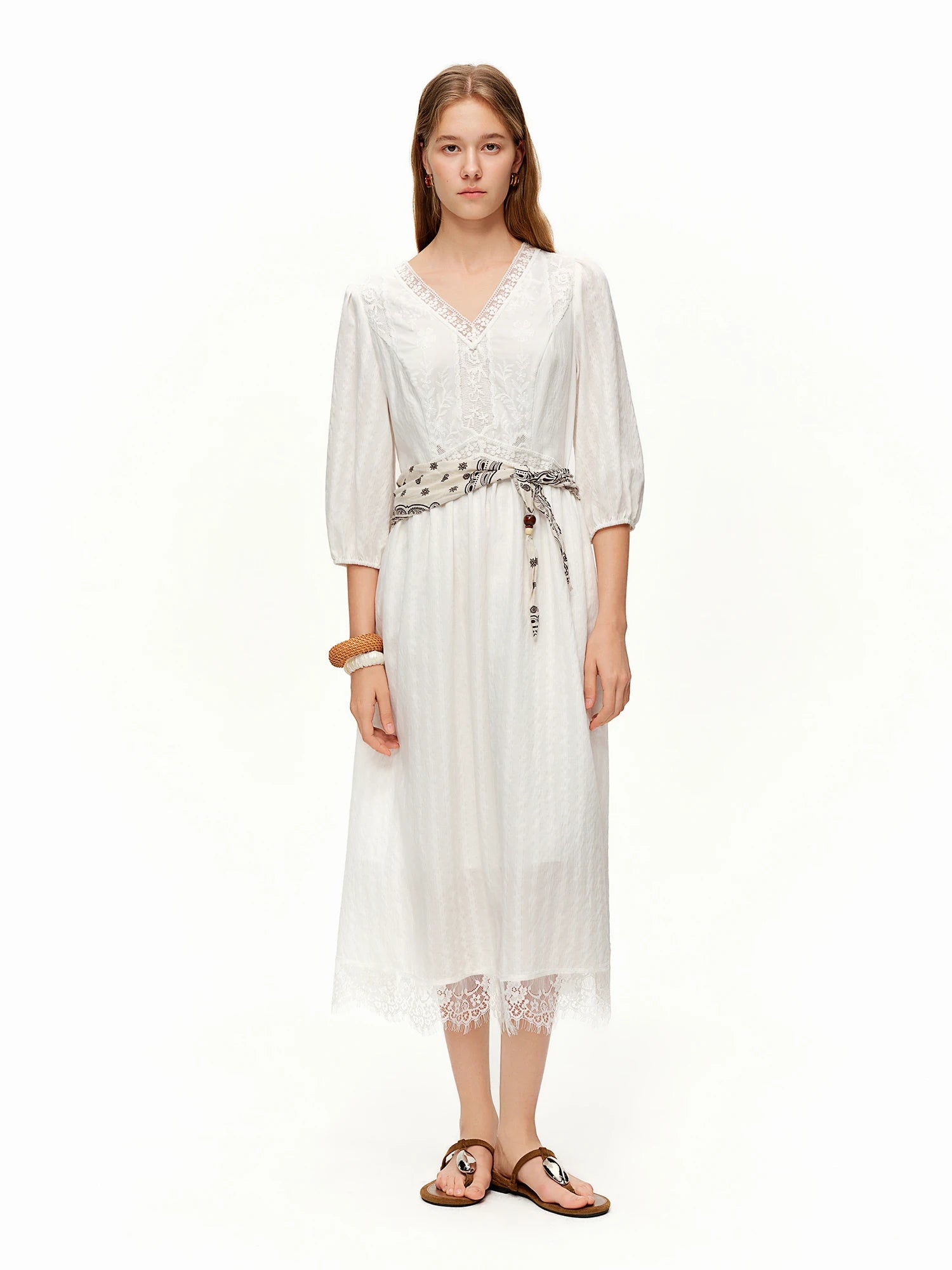DUSHU 2026 Spring Women's Lace Panel V-Neck A-Line Dress - Flattering Slim Fit Office Commute Mid-Length Elegant Dress