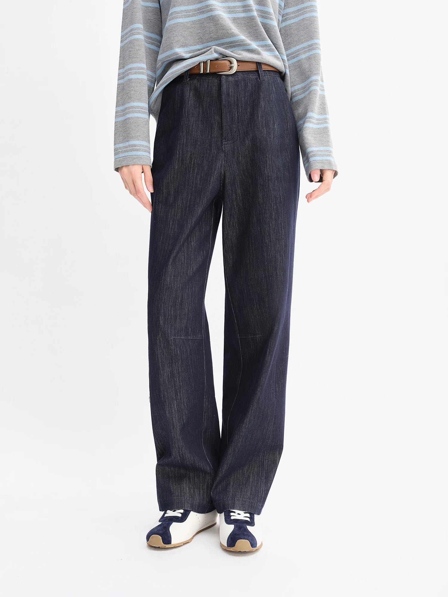DUSHU Autumn 2025 Women's Vintage Wide Leg Jeans - Curve Flattering High Waist Stretch Denim Pants Arc Hem Casual Comfort Fit