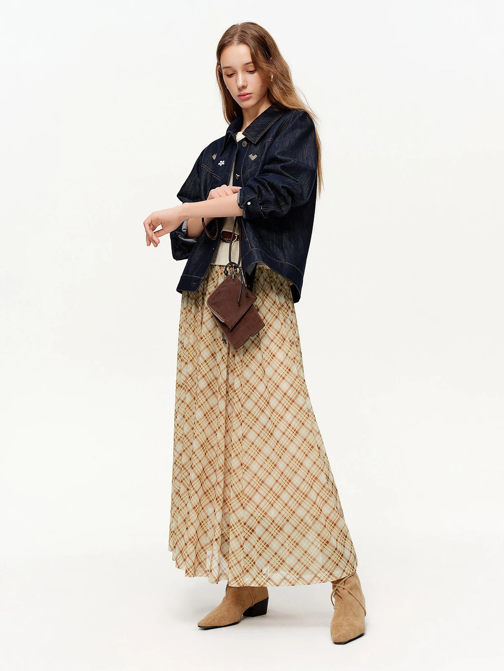 DUSHU Brown Retro Plaid Mesh Midi Skirt 2026 Spring New Arrival Fashionable Long A-line Skirt Romantic Holiday Urban Style