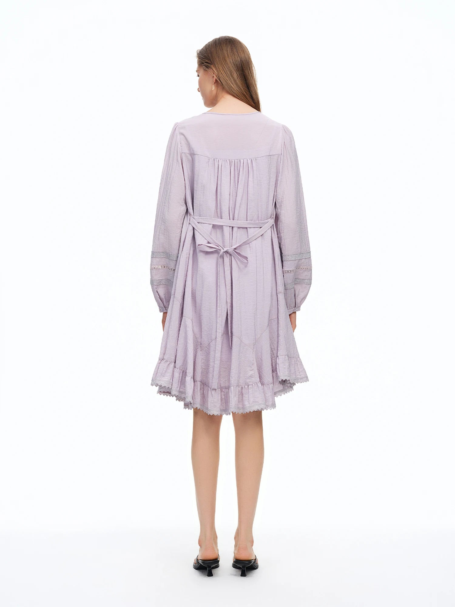 DUSHU 2026 Spring Women's French-Inspired Lace Trim Asymmetric Hem Purple Retro Dress - Elegant Vintage Style Ruffle Detail