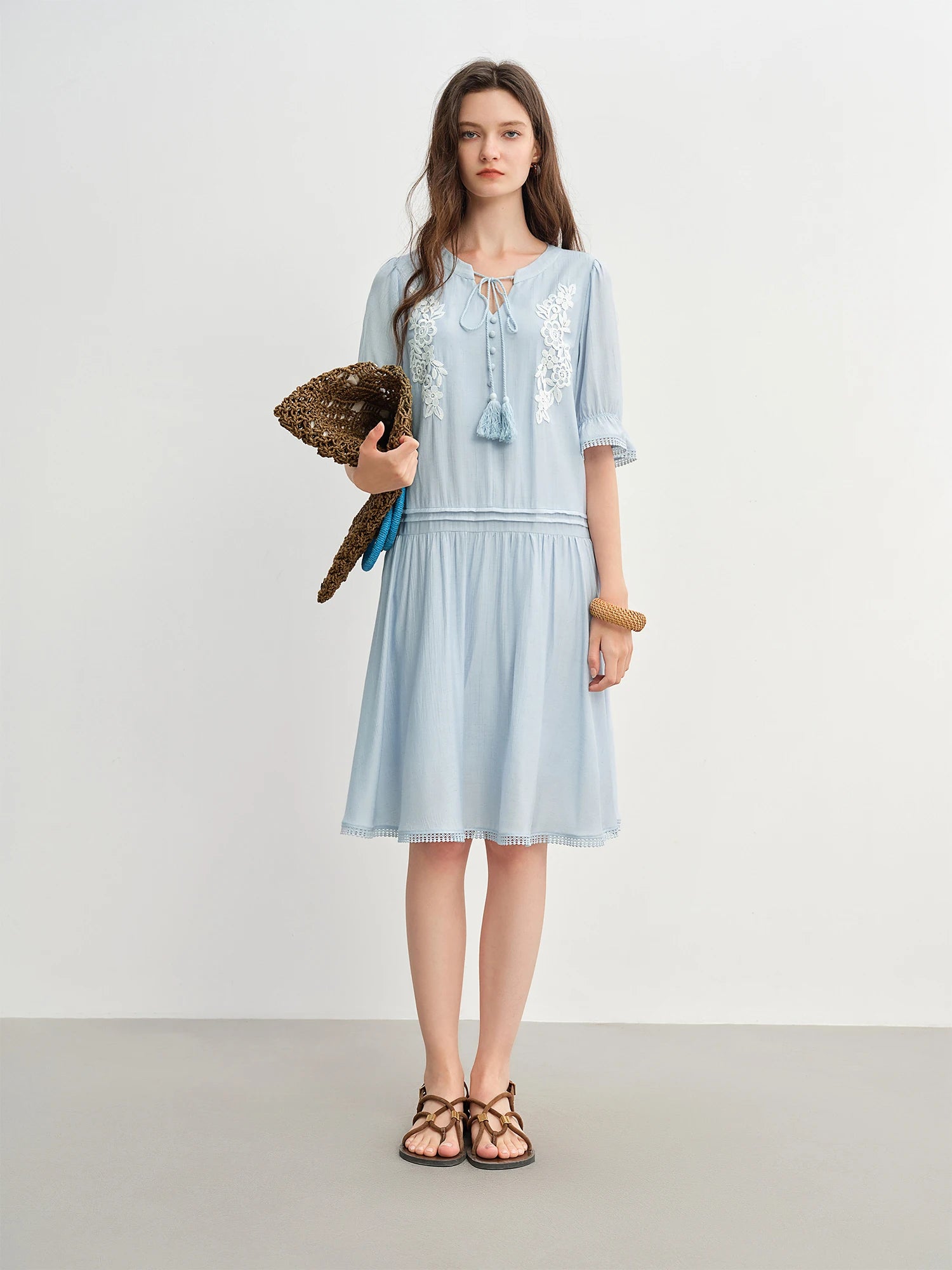 DUSHU Tassel Strap Embroidered Dress 2025 Summer New Arrival Midi Dress 25DS82898