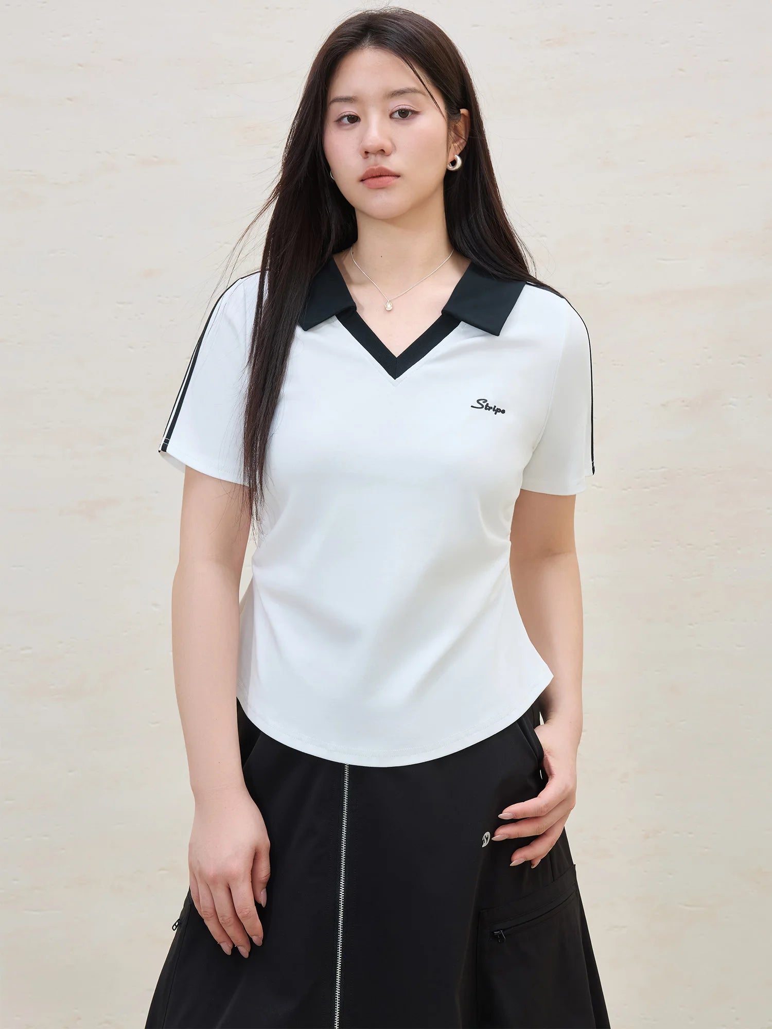 DUSHU Women Summer V-Neck Turn-down Collar Pink T-Shirt Letter Printing Female Slim Cotton Short Sleeve Tops Beige Tee 25DS82118