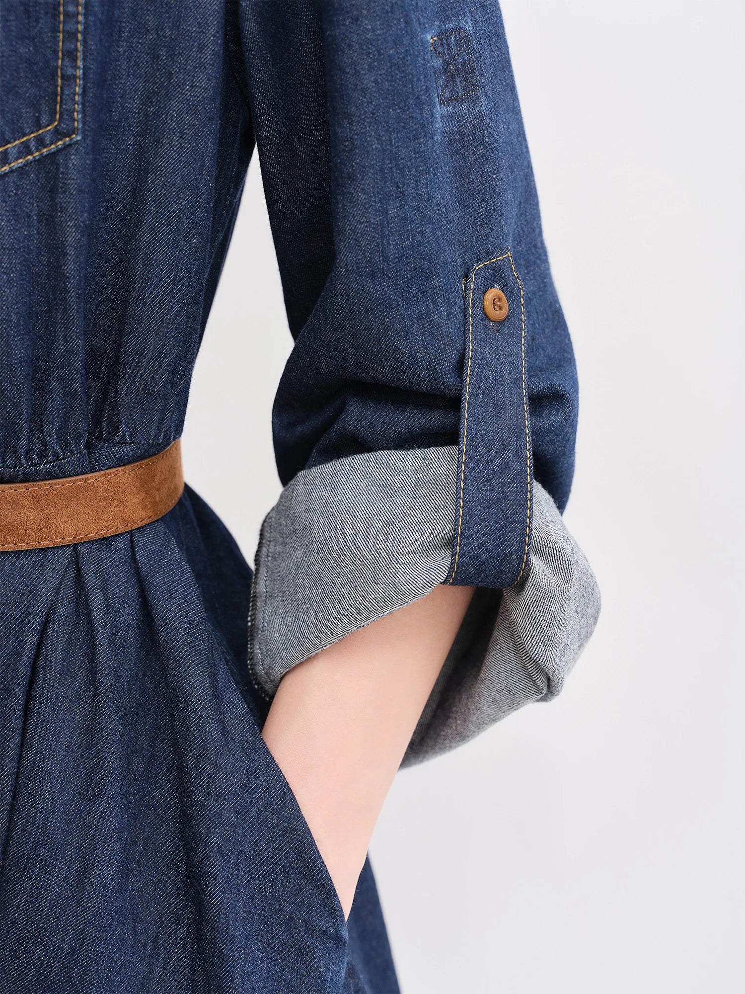 DUSHU Autumn 2025 Women's Denim Dress - Elegant Bouffant Hem Flowy Maxi Dress Casual Daily Wear Empire Waist Floral Print