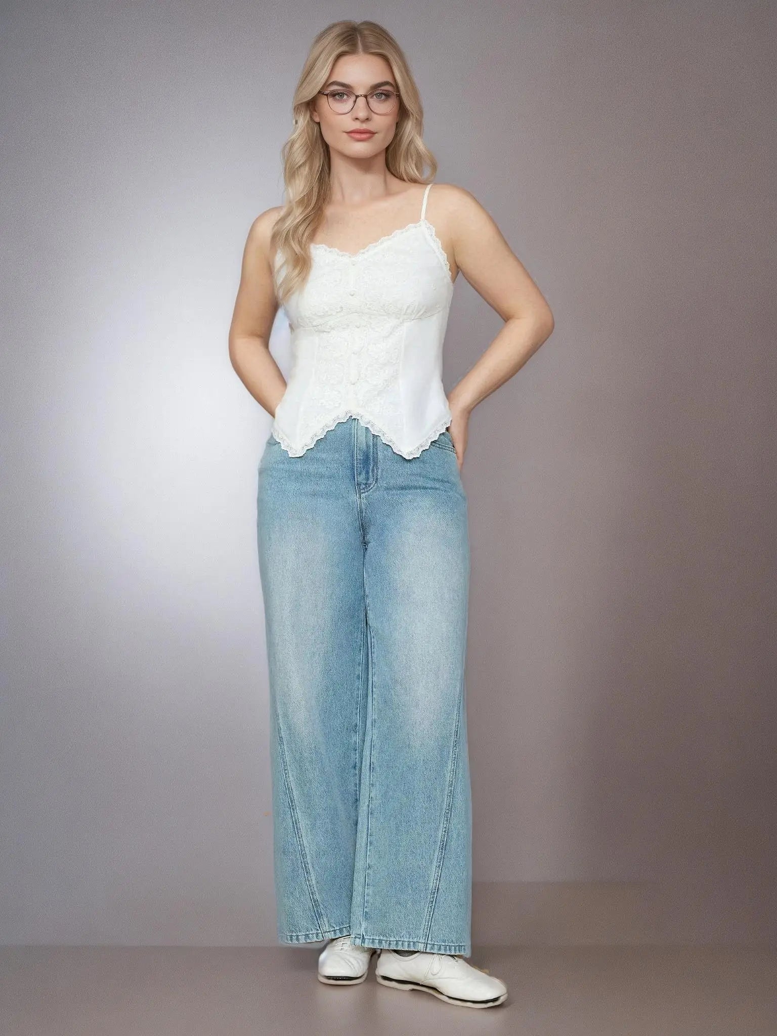 DUSHU Plus Size Women's High Waisted Jeans Women's 2025 Spring New Style Wide Leg Jeans Long Pants 25DS81044+25DS81163