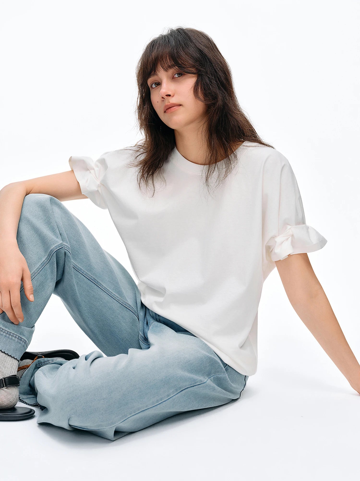 DUSHU 2026 Summer Women's Tuck Detail Cotton T-Shirt - Casual Comfort Fit Top for Daily Wear and Summer Outings