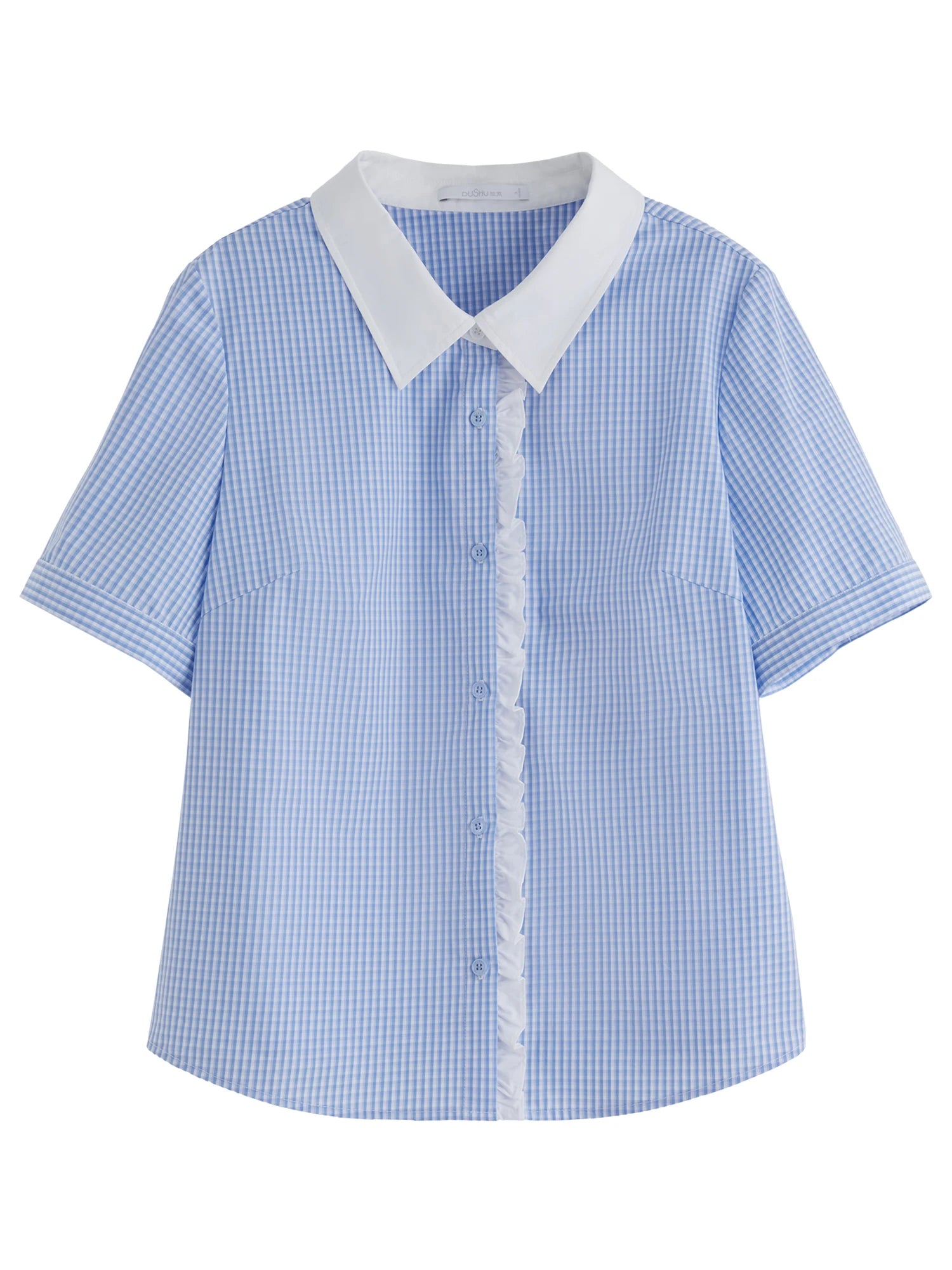 DUSHU Plus Size Retro Style Blue Plaid Short-sleeved Shirt 2025 Summer New Tops Lyocell Lace Stitching Chic Shirt 25DS82388