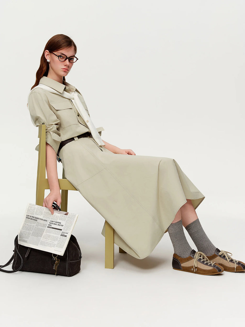 DUSHU 【Urban Rhythm】Workwear Style Faux Two Piece Shirt Dress Spring Vibes Notched Lapel Mid-Length Dress 2026 New Arrival Dress