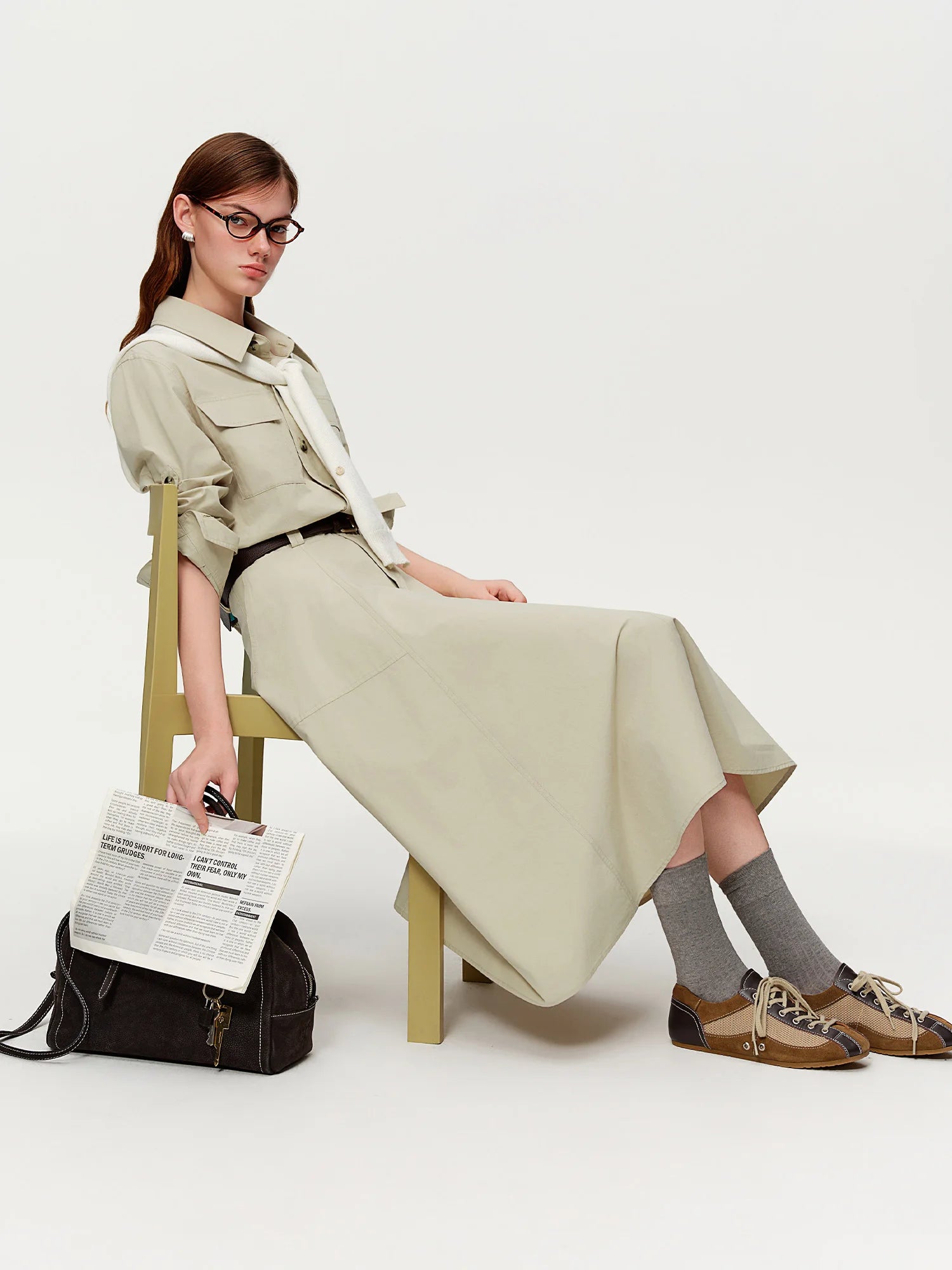 DUSHU 【Urban Rhythm】Workwear Style Faux Two Piece Shirt Dress Spring Vibes Notched Lapel Mid-Length Dress 2026 New Arrival Dress