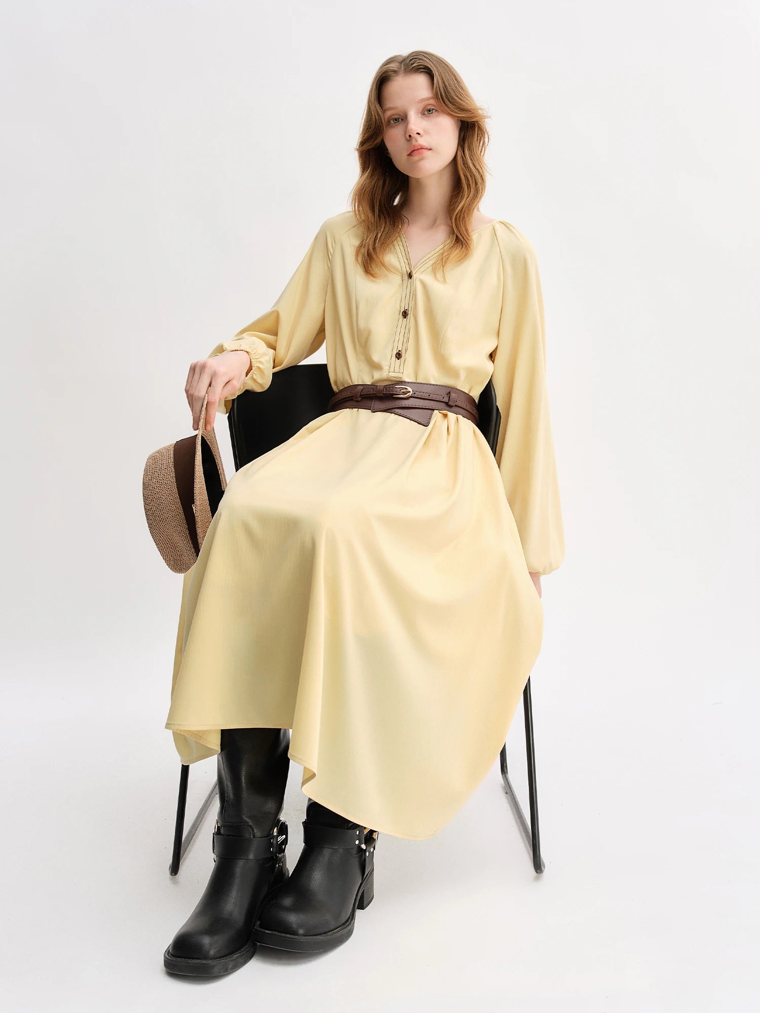 DUSHU Plus Size Women's Apple-shaped Color-blocked Oversized Long Sleeve Dress Autumn 2025 New Arrival Office Casual 25DS83199