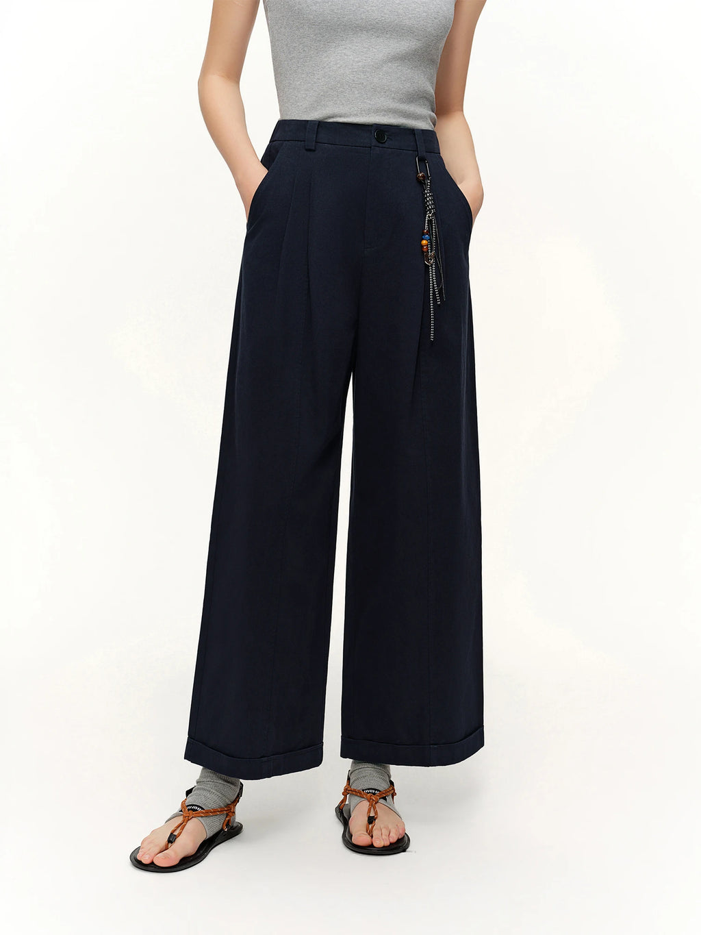 DUSHU Spring Women Beaded Drawstring High Waist Wide Leg Trousers Straight Fit Casual Pants Minimalist Street Style Loose Fit