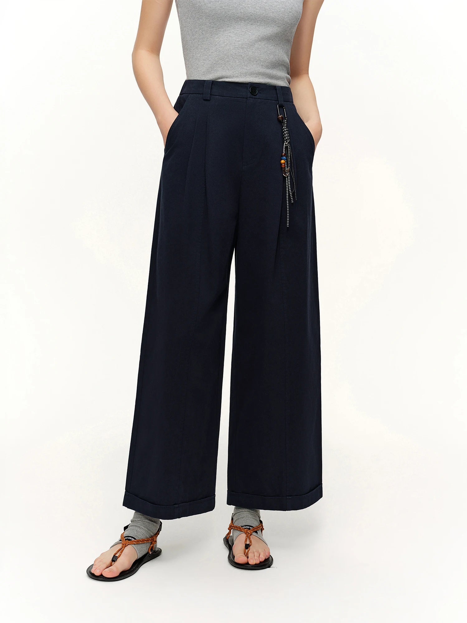 DUSHU Spring Women Beaded Drawstring High Waist Wide Leg Trousers Straight Fit Casual Pants Minimalist Street Style Loose Fit