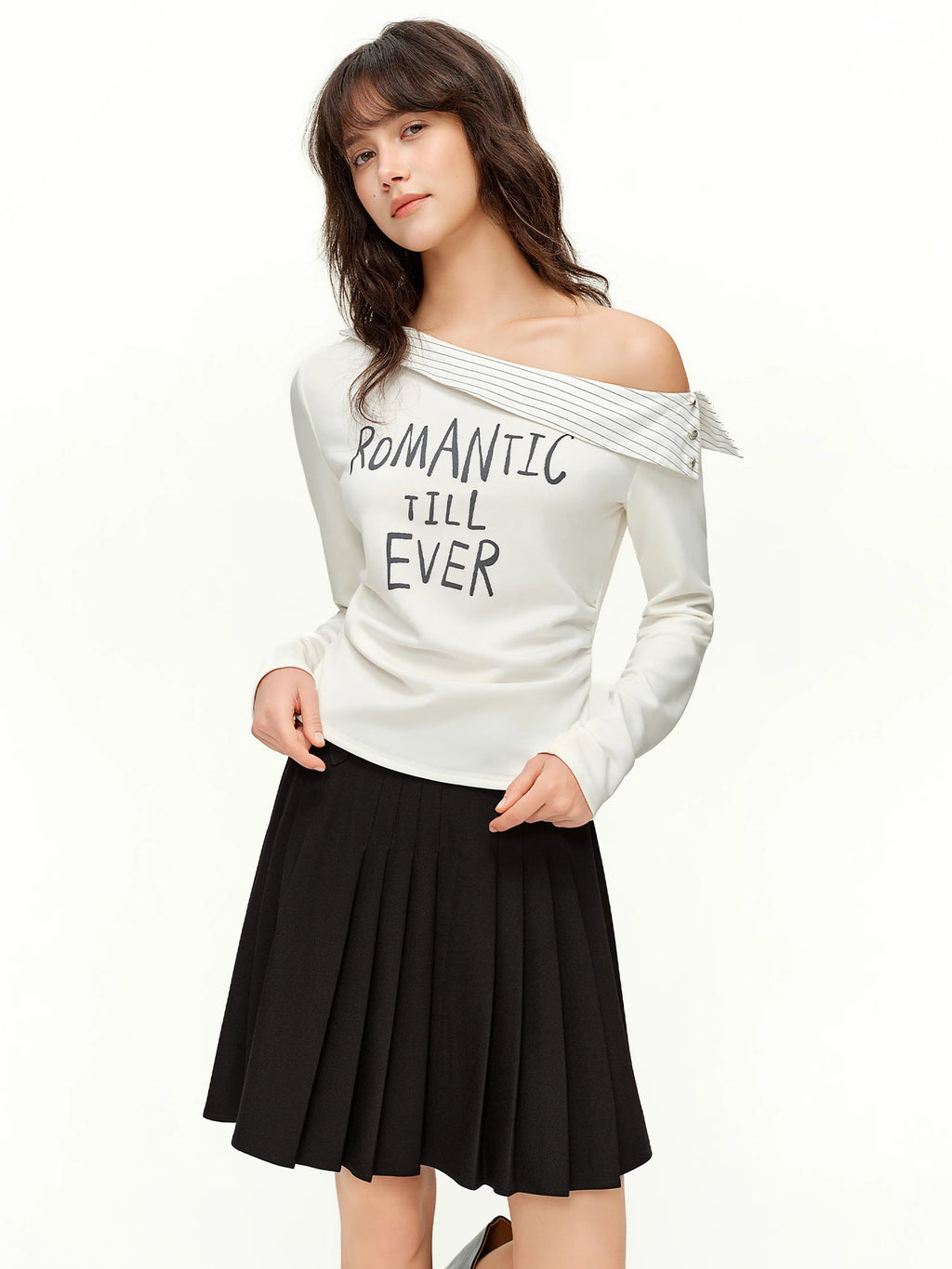 DUSHU 2026 Spring Women's Asymmetric Shoulder Stripe Neck Long Sleeve T-Shirt - Letter Print Casual Top for Daily Wear