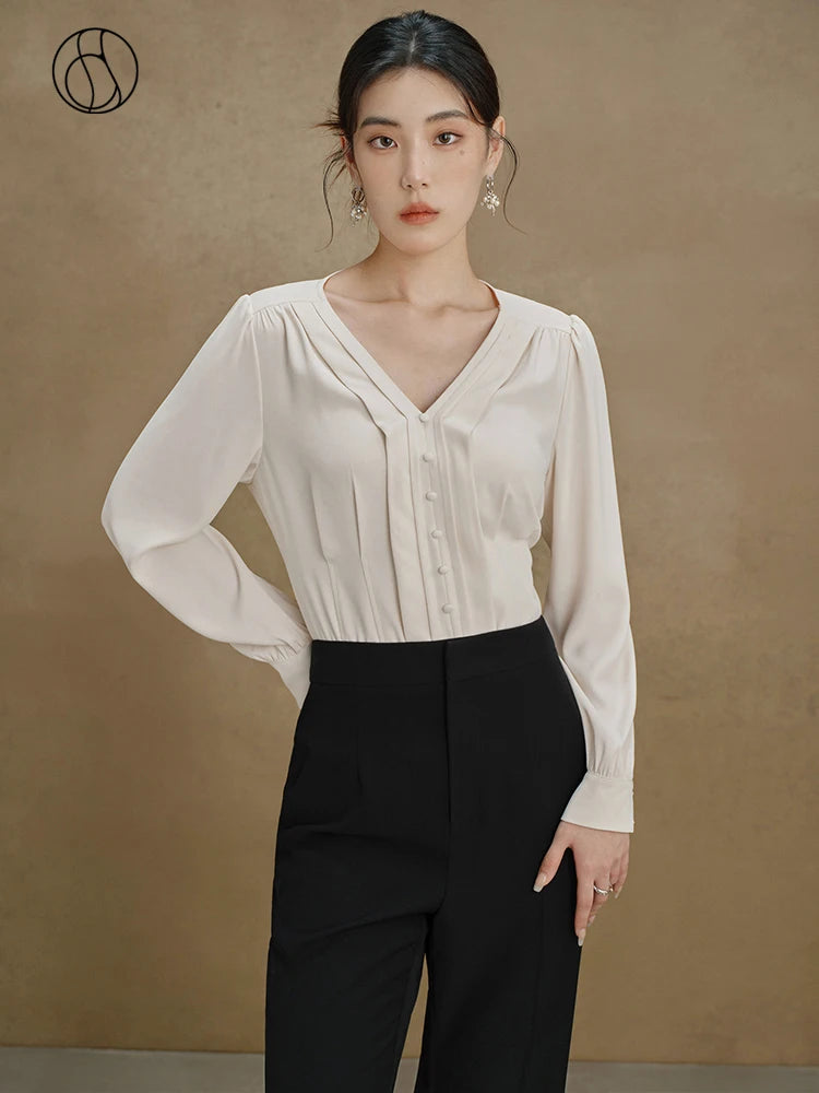 DUSHU V-neck High Luxury Commuter Shirt Autumn 2023 New Slim Womem Tops For Women Light Yellow Blue Women Shirt For Women