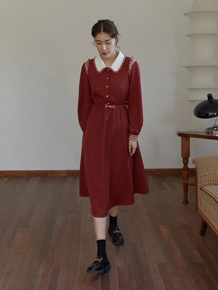 DUSHU Women's Winter Retro Red Stitching Dress Long Polo Neck Belt A-line Skirt Women Bow Neckline Design Thick Bottoming Dress