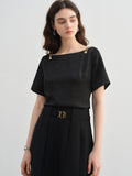 DUSHU 2025 Summer Plus-Size French-Inspired Textured Blouse - Elegant Black Top with Slimming Silhouette Tops 25DS82330
