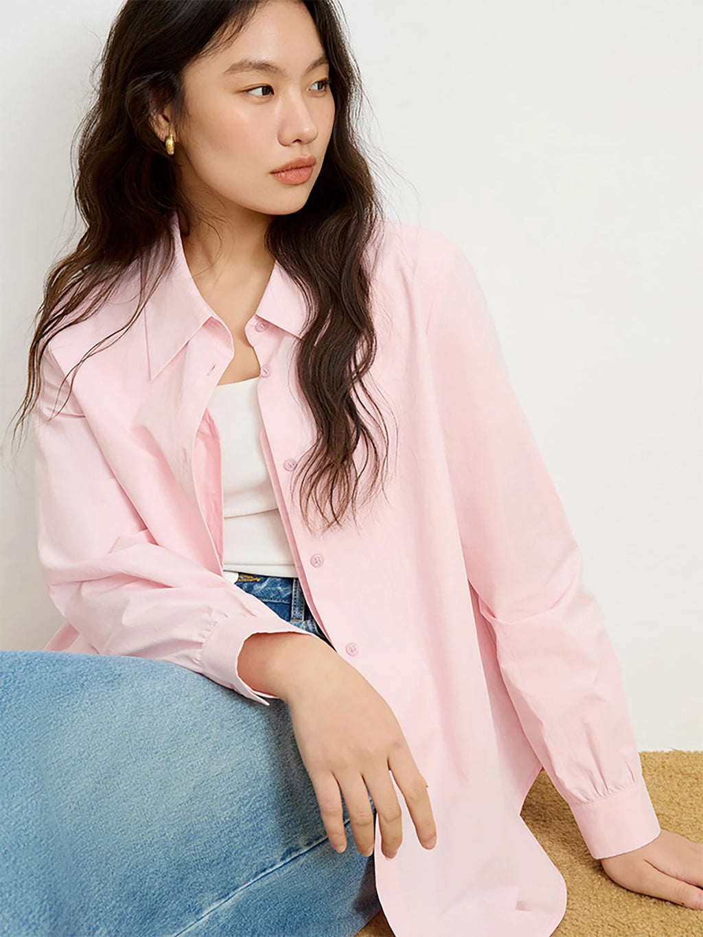 DUSHU 100% Cotton Women Pink Blouse Tops Fake Two Design Polo Neck Long Sleeve Top 2025 Spring Casual Shirt 25DS81122