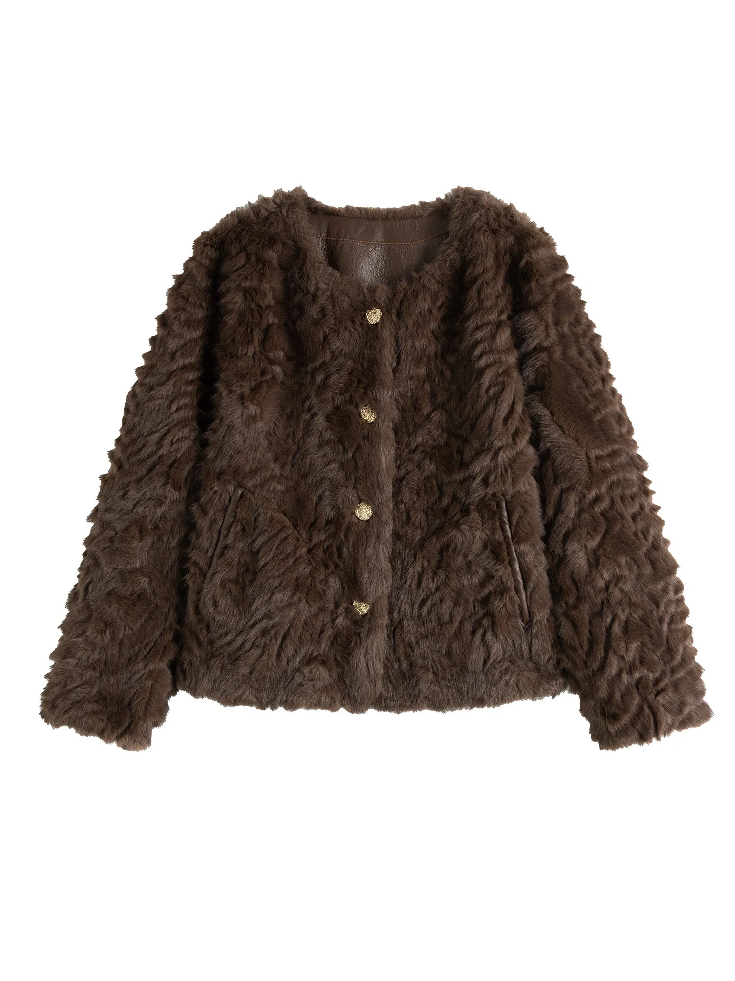 DUSHU Women Faux Fur Jacket Retro Brown Winter Thicken Round Neck Short Coats Office Lady Short Grey Temperament Coat 24DS84643