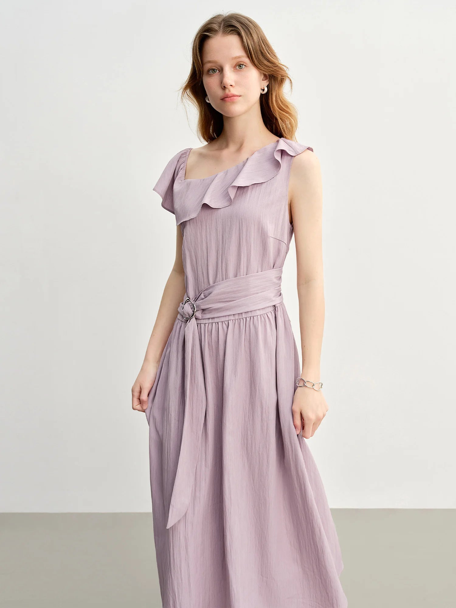 DUSHU Light Purple Romantic Ruffled Off-shoulder Sleeveless Dress 2025 Summer New Arrival Long Dress Holiday Season 25DS88013