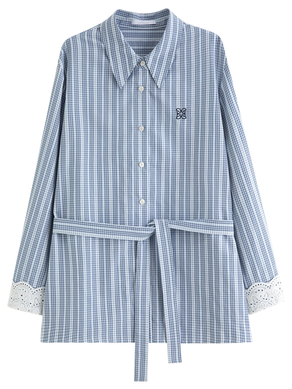 DUSHU 2025 Spring Women's Lace Trim Jacquard Striped Shirt - Tie Waist Blouse with Floral Pattern for Casual and Office Wear
