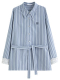 DUSHU 2025 Spring Women's Lace Trim Jacquard Striped Shirt - Tie Waist Blouse with Floral Pattern for Casual and Office Wear